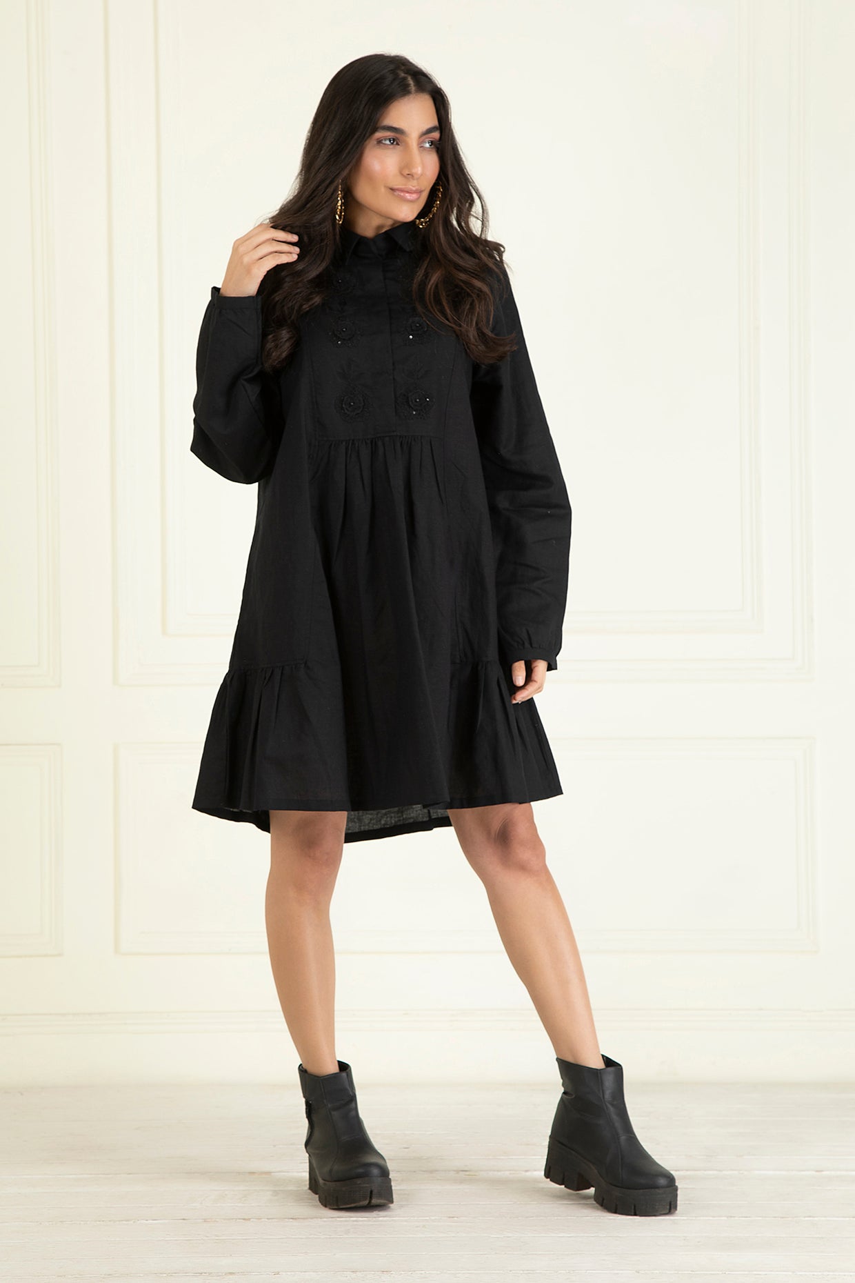 Black Cotton Linen Embroidered Dress