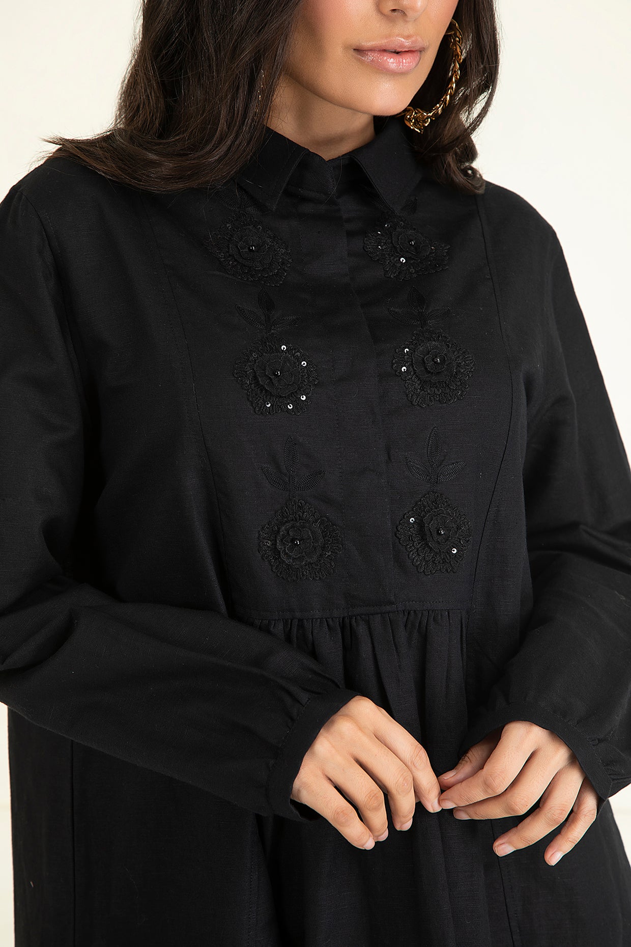 Black Cotton Linen Embroidered Dress