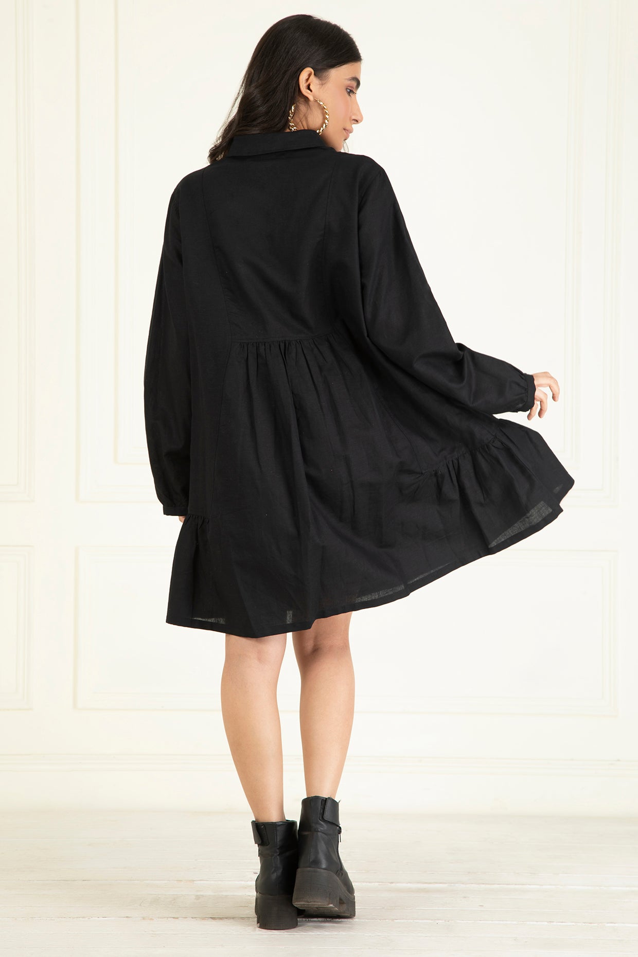Black Cotton Linen Embroidered Dress