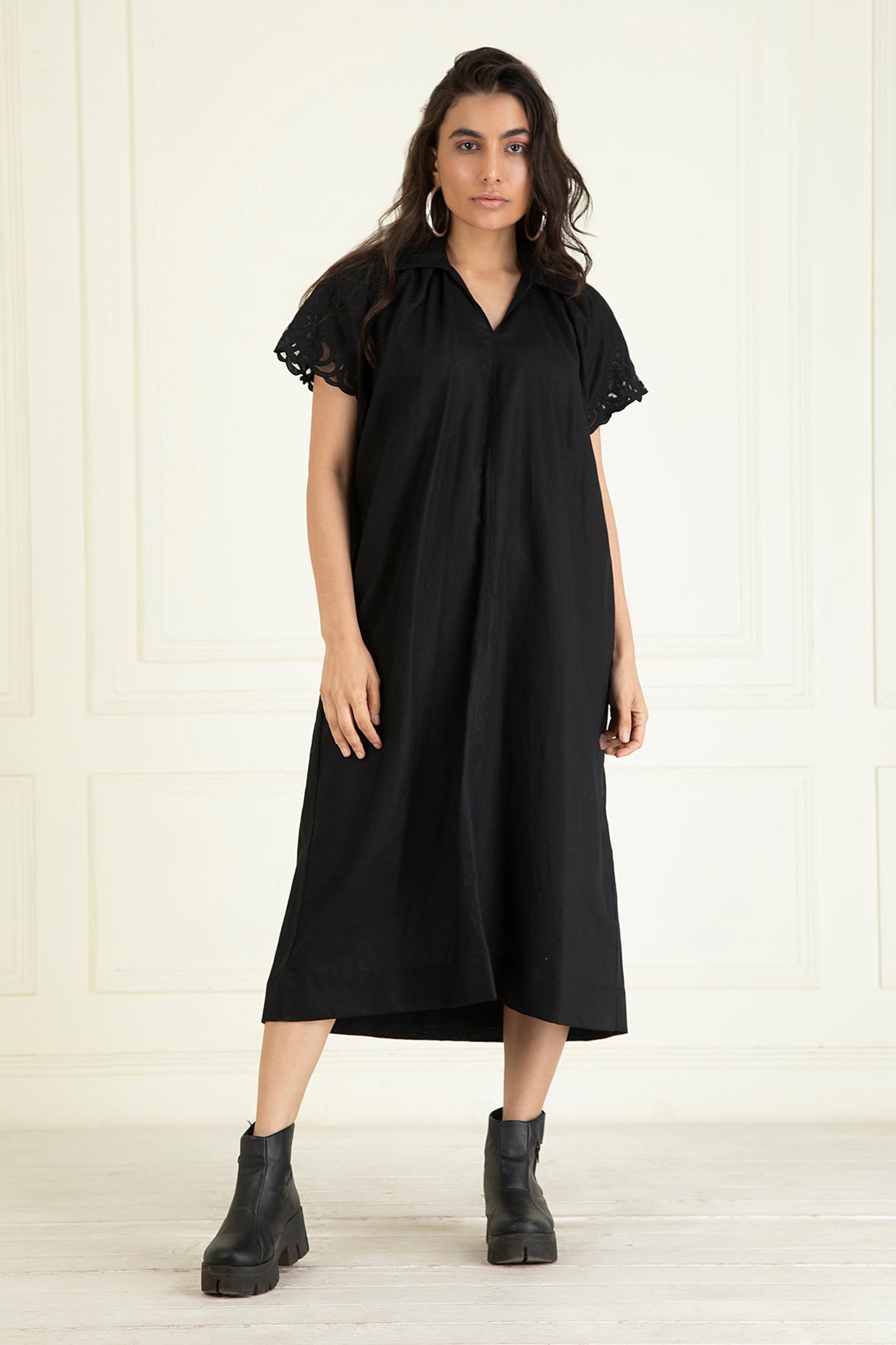 Black Cotton Linen Embroidered Dress