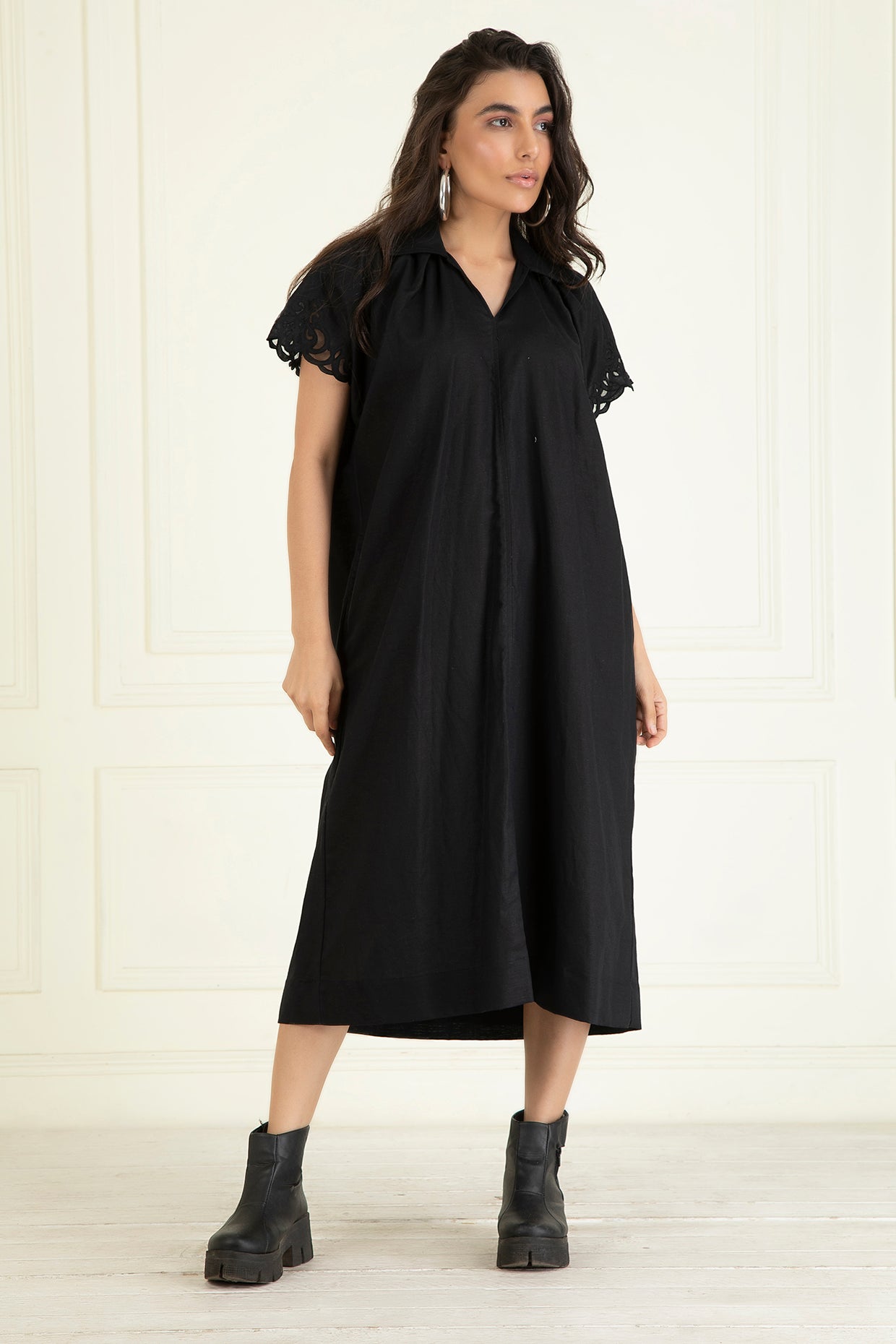Black Cotton Linen Embroidered Dress