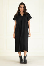 Black Cotton Linen Embroidered Dress