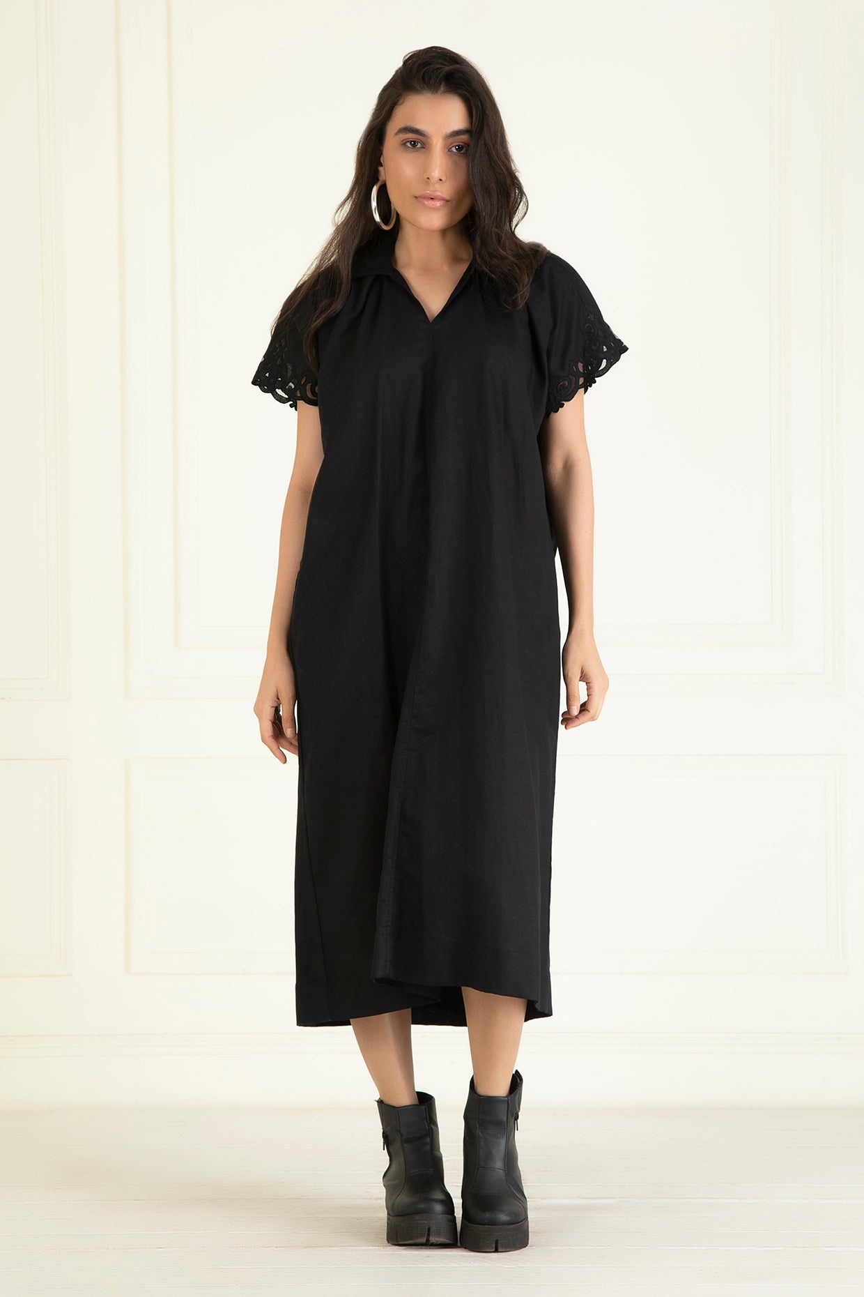 Black Cotton Linen Embroidered Dress