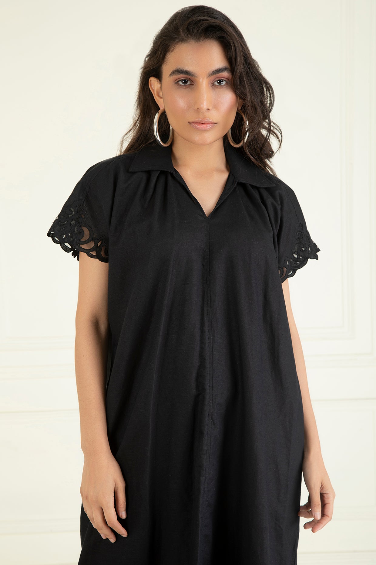 Black Cotton Linen Embroidered Dress