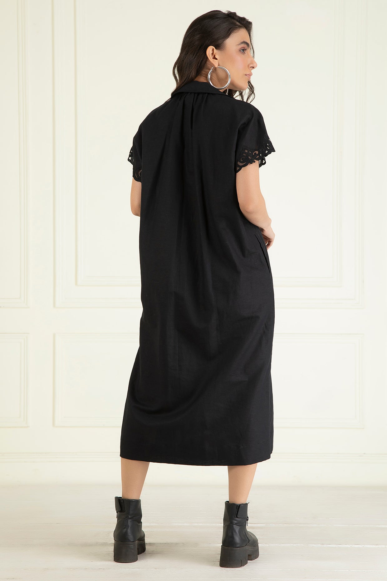 Black Cotton Linen Embroidered Dress