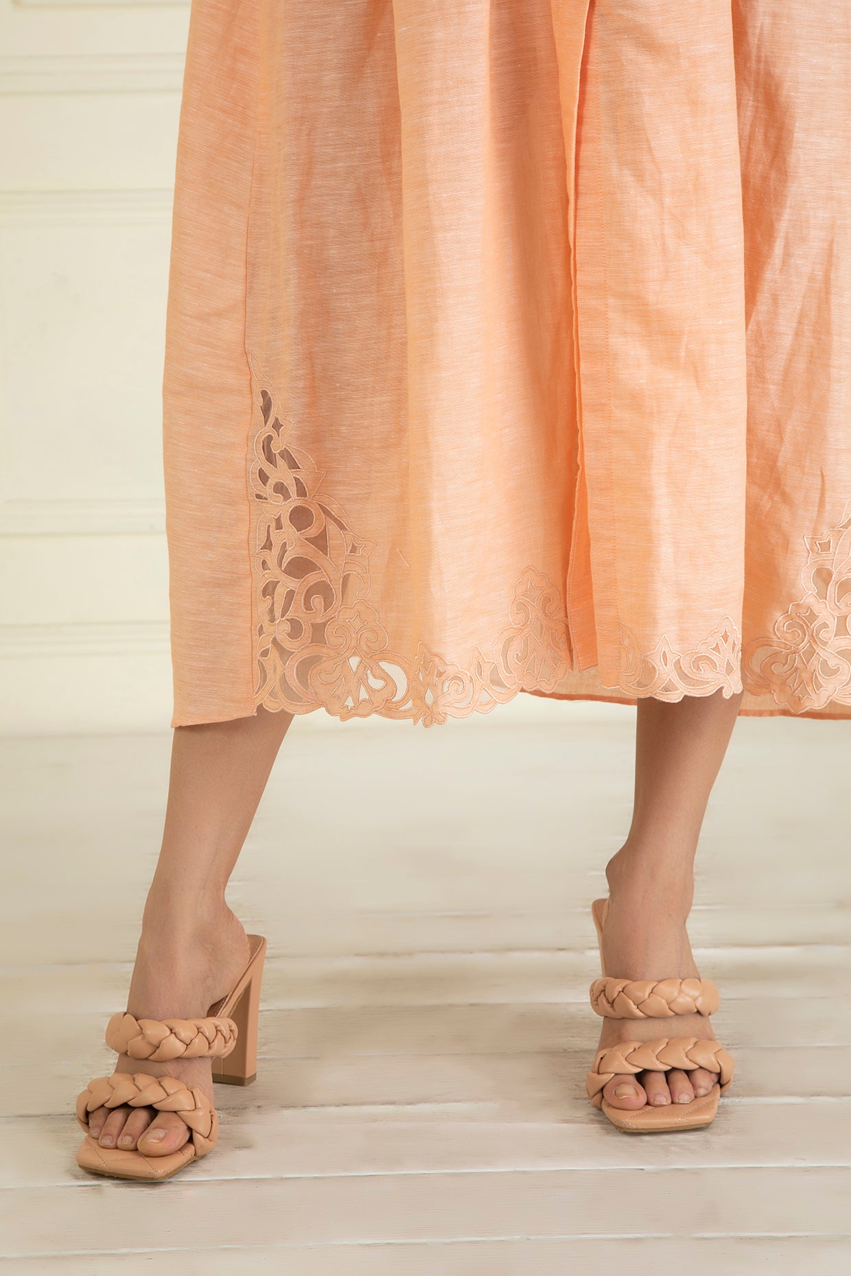Peach Cotton Linen Embroidered Dress