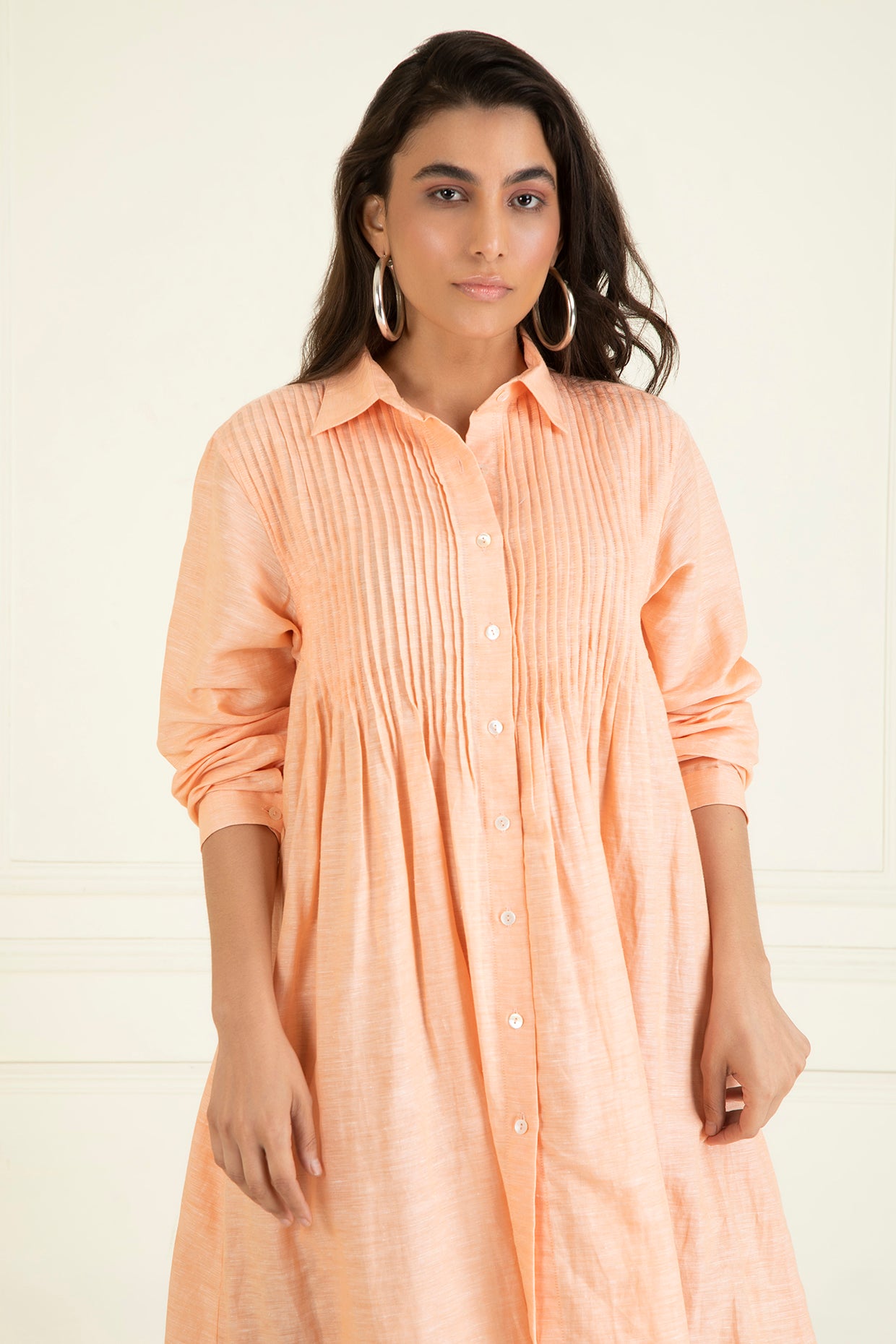 Peach Cotton Linen Embroidered Dress