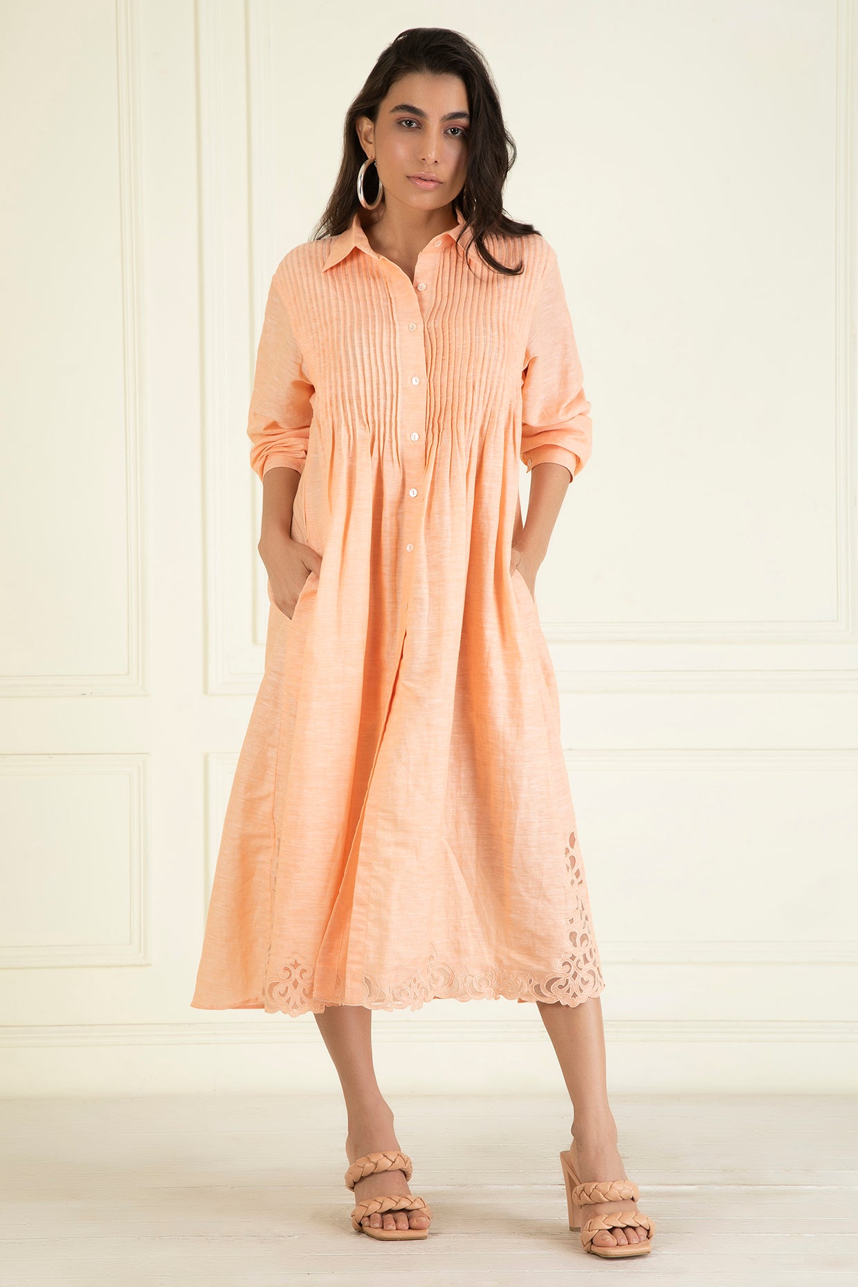 Peach Cotton Linen Embroidered Dress
