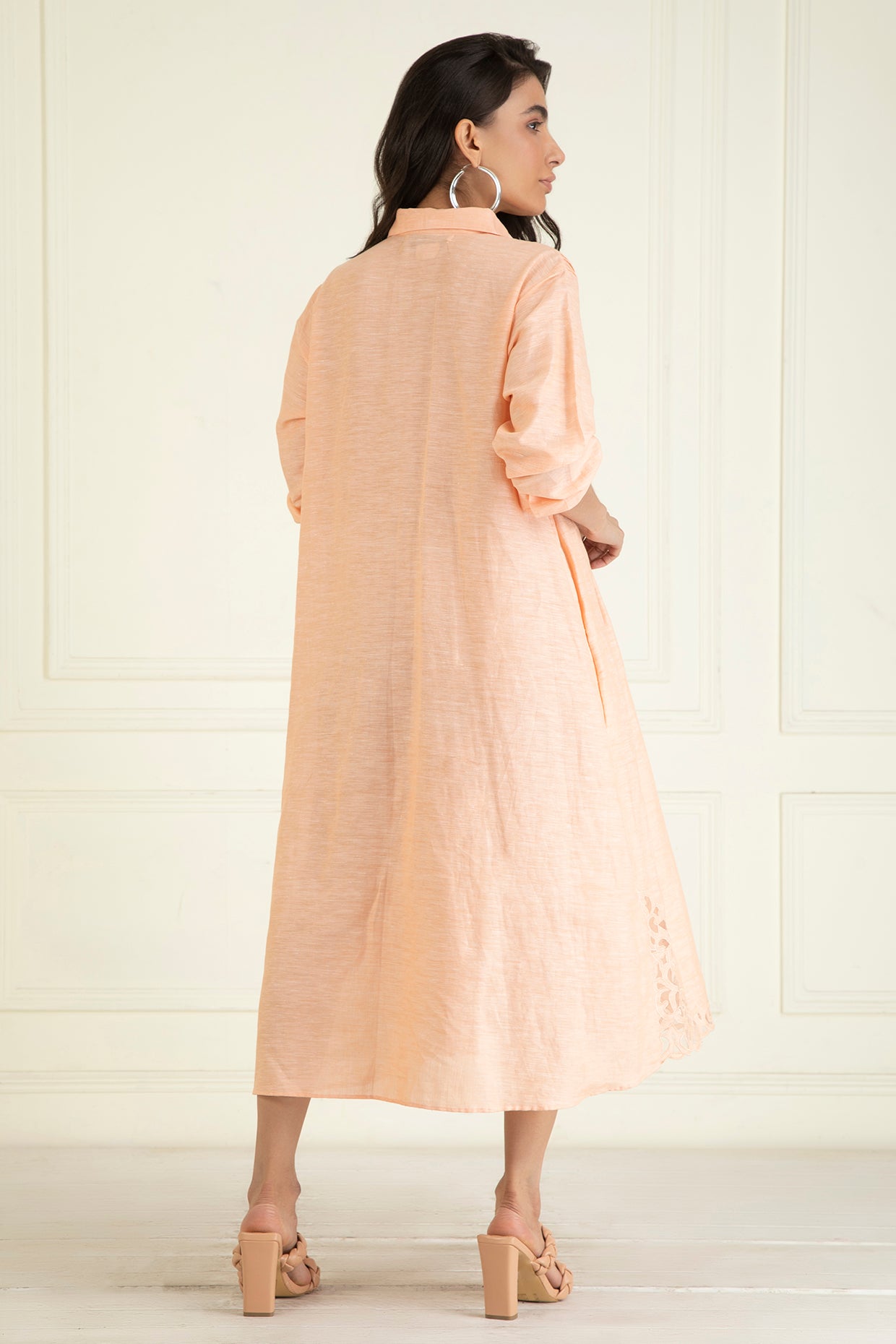Peach Cotton Linen Embroidered Dress