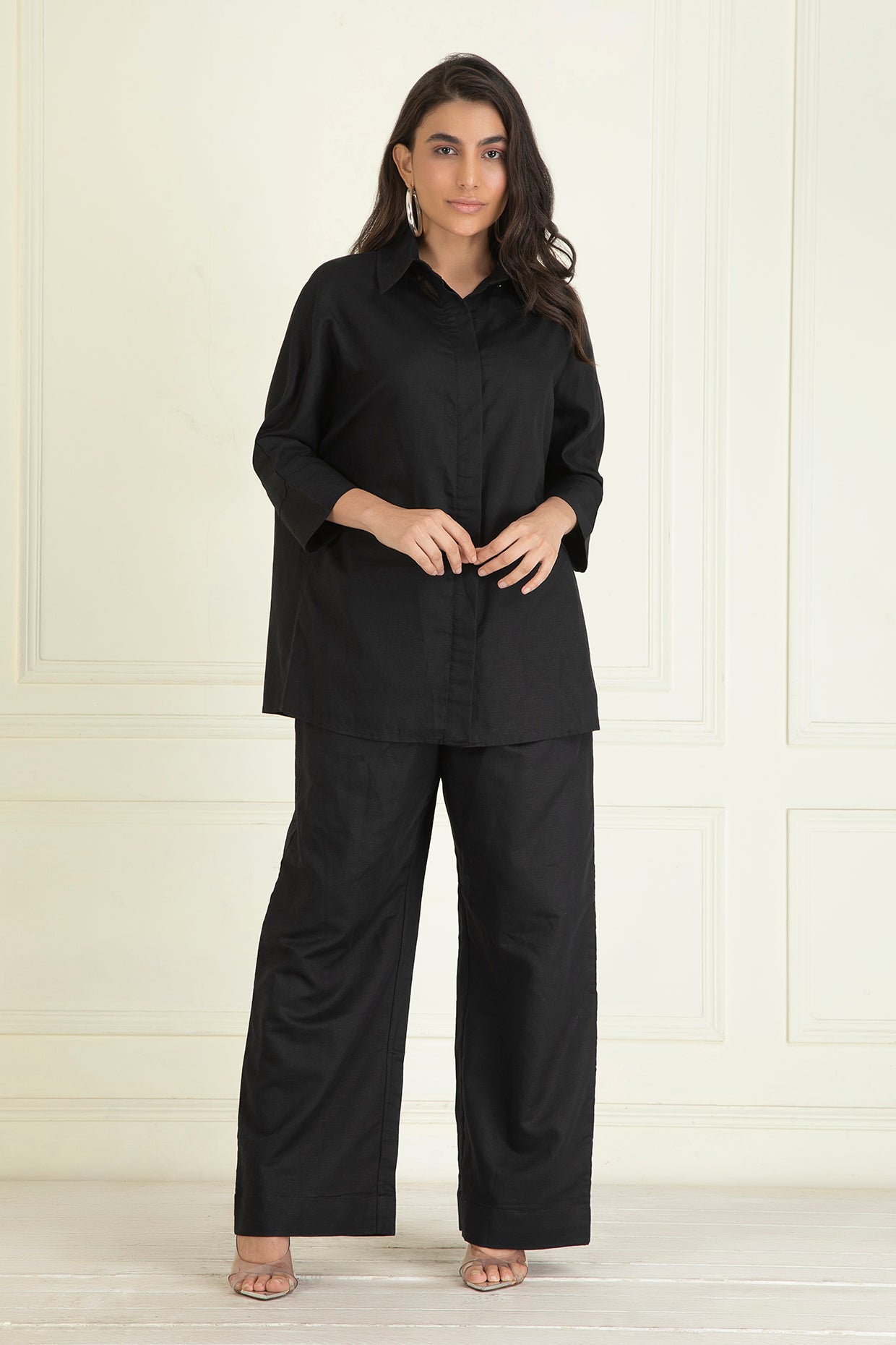 Black  Loose Comfort Fit Cotton Linen Co-Ord Set