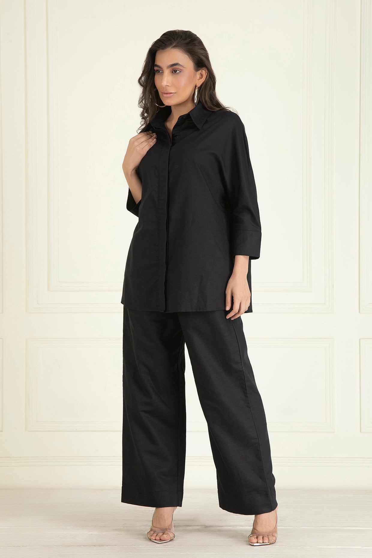 Black  Loose Comfort Fit Cotton Linen Co-Ord Set