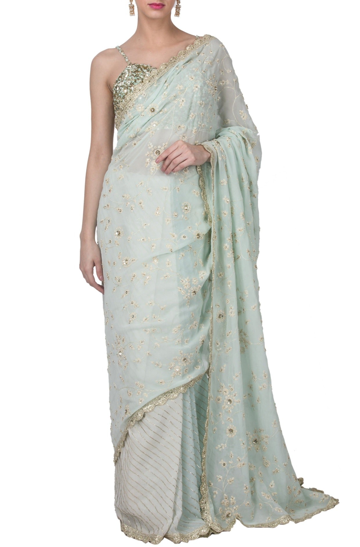 Powder Blue Embroidered Saree Set