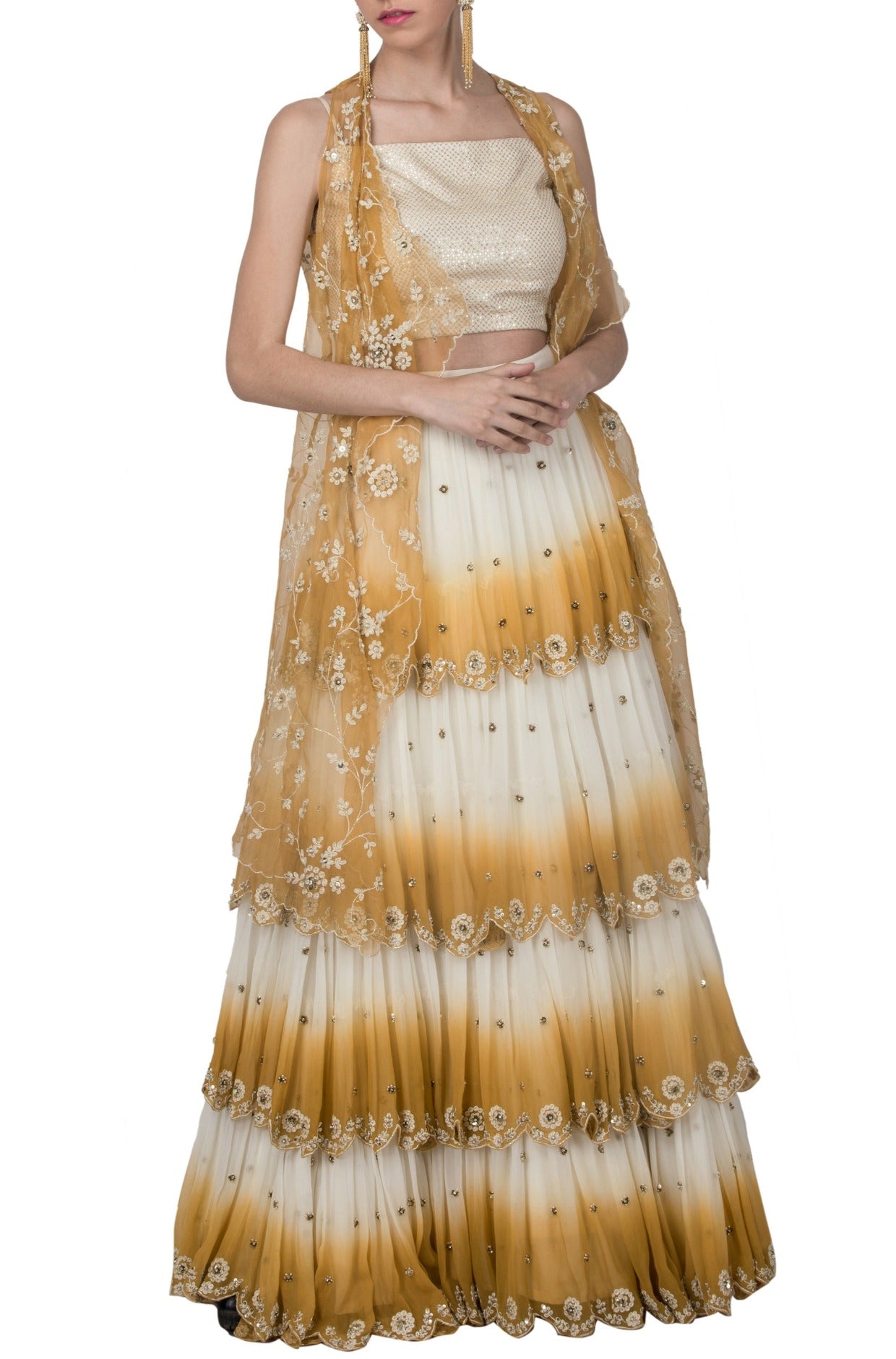 Mustard Frilled Embroidered Lehenga Set