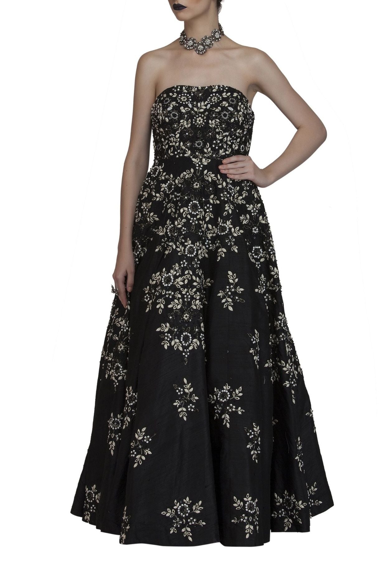 Black Bustier Embroidered Gown