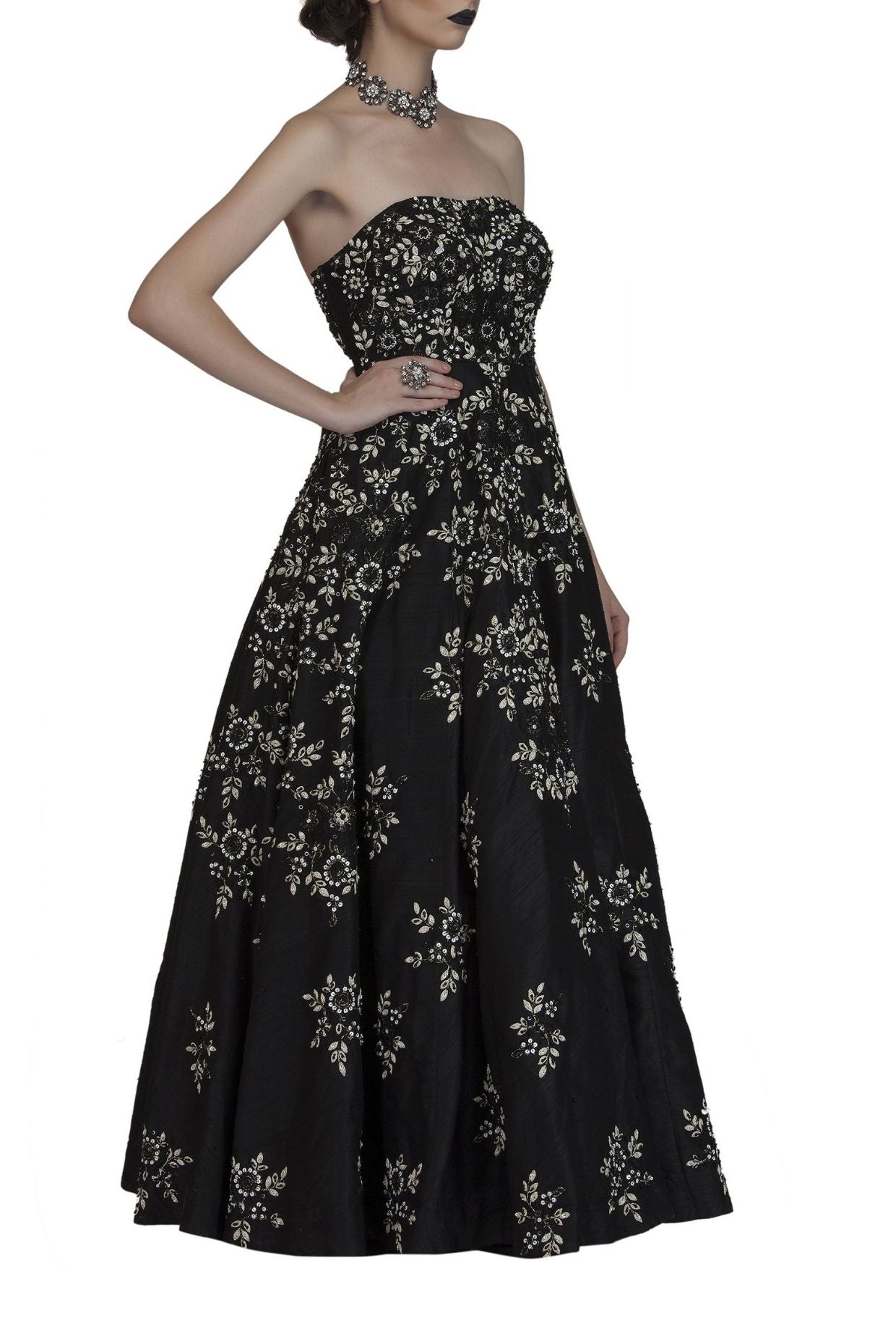 Black Bustier Embroidered Gown for Cocktail Party
