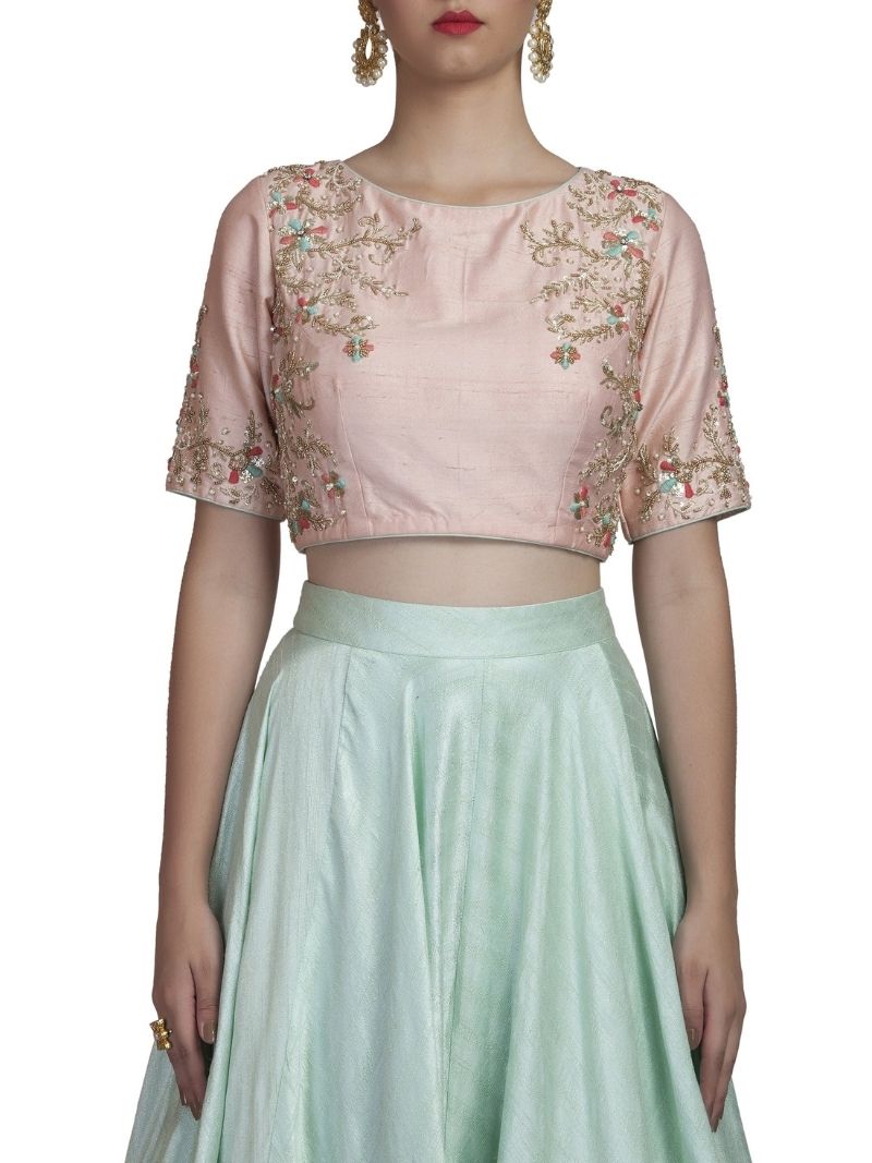 Blue And Pink Crop Top And Skirt Set