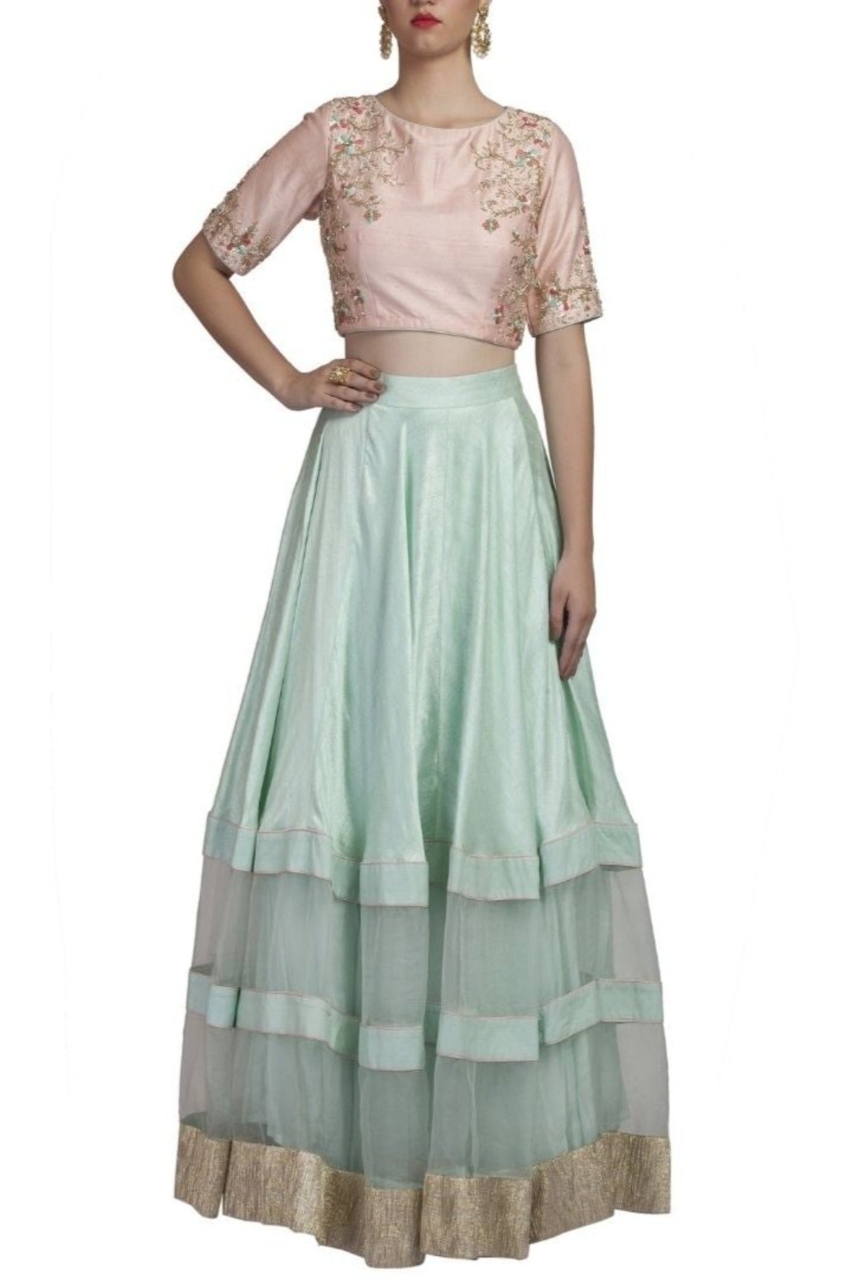 Blue And Pink Crop Top And Skirt Set