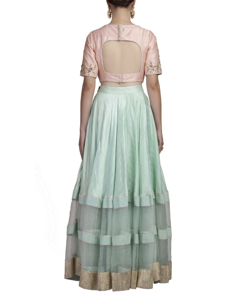 Blue And Pink Crop Top And Skirt Set