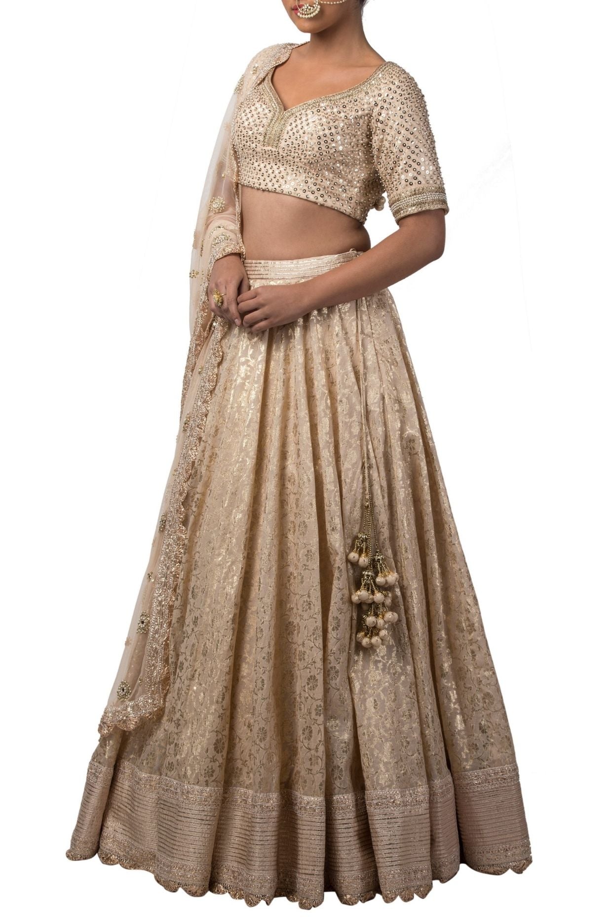 Champagne Chanderi Lehenga with Tulip Neck Blouse and embroidered Dupatta