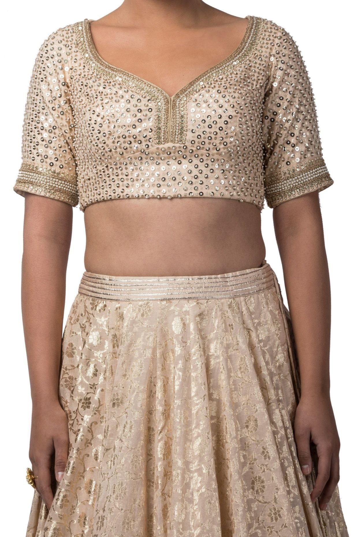 Champagne Chanderi Tulip Neck Blouse and Lehenga