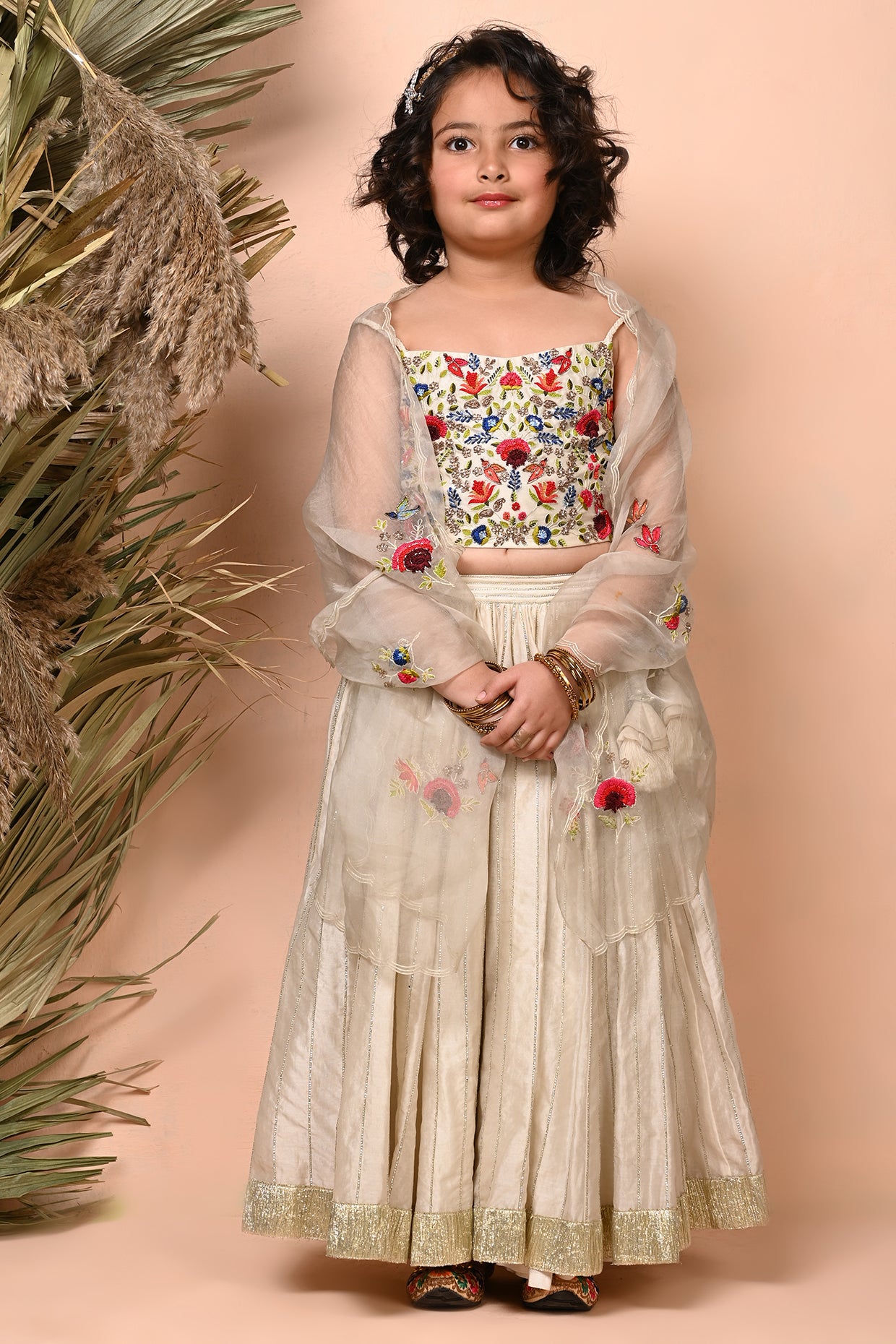 Ivory Hand  Embroidered Chanderi Lehenga Set For Girls