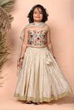 Ivory Hand  Embroidered Chanderi Lehenga Set For Girls