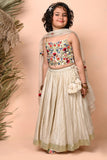 Ivory Hand  Embroidered Chanderi Lehenga Set For Girls