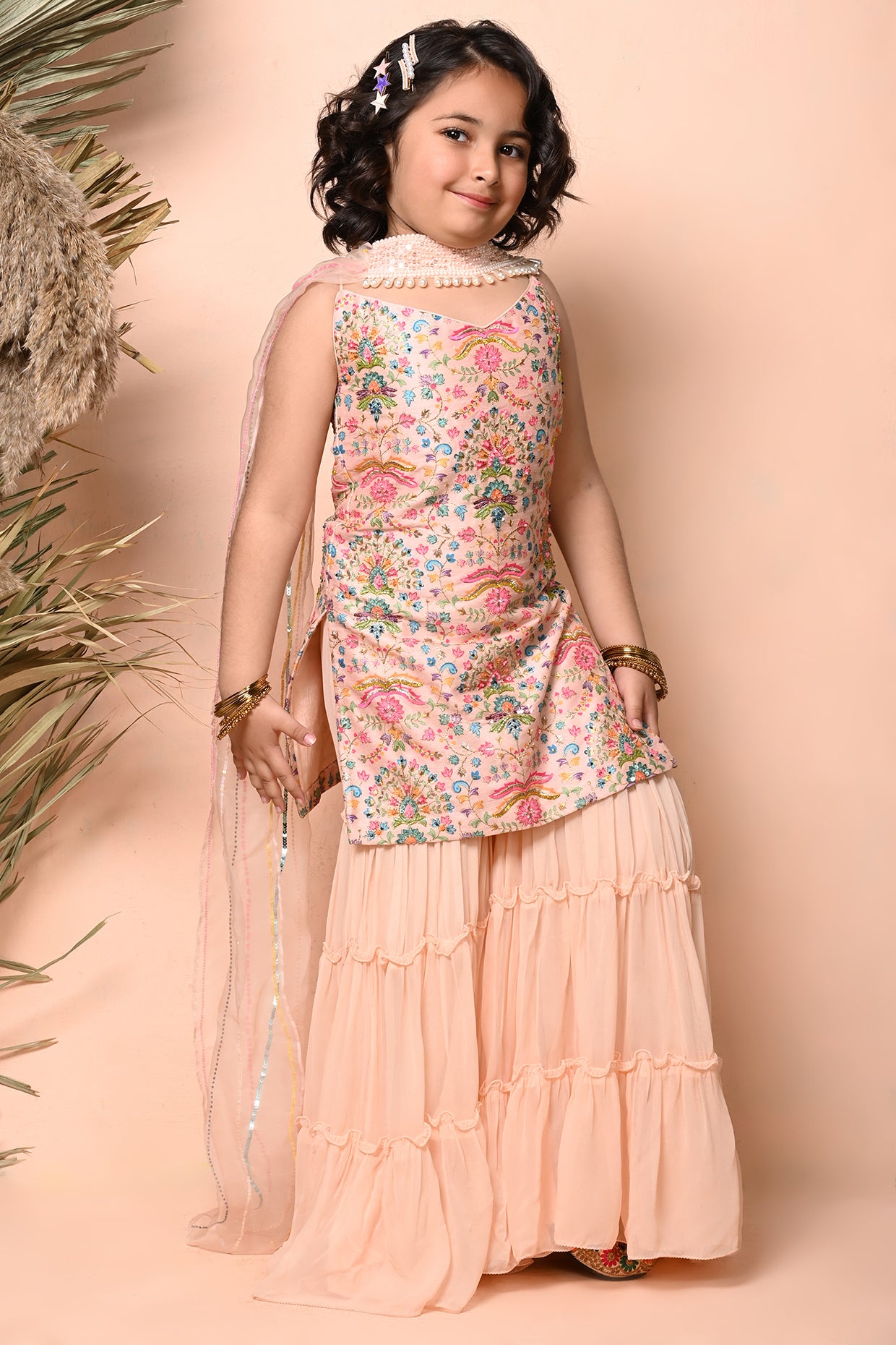 Peach Multicoloured Printed Sharara Set