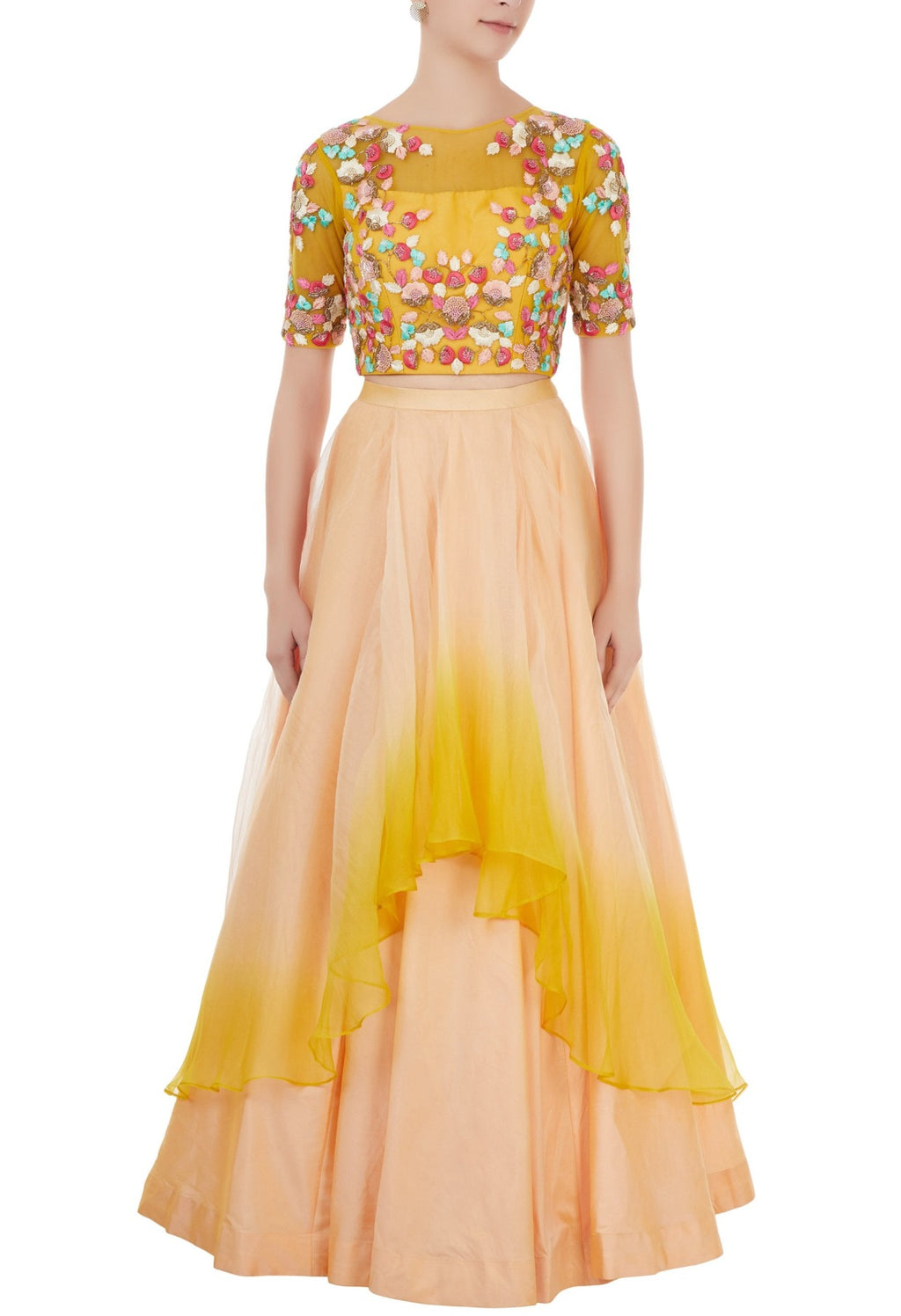 Peach And Yellow Embroidered Crop Top And Skirt