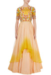 Peach and Yellow Embroidered Crop Top and Skirt