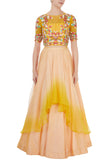 Peach and Yellow Embroidered Crop Top and Skirt