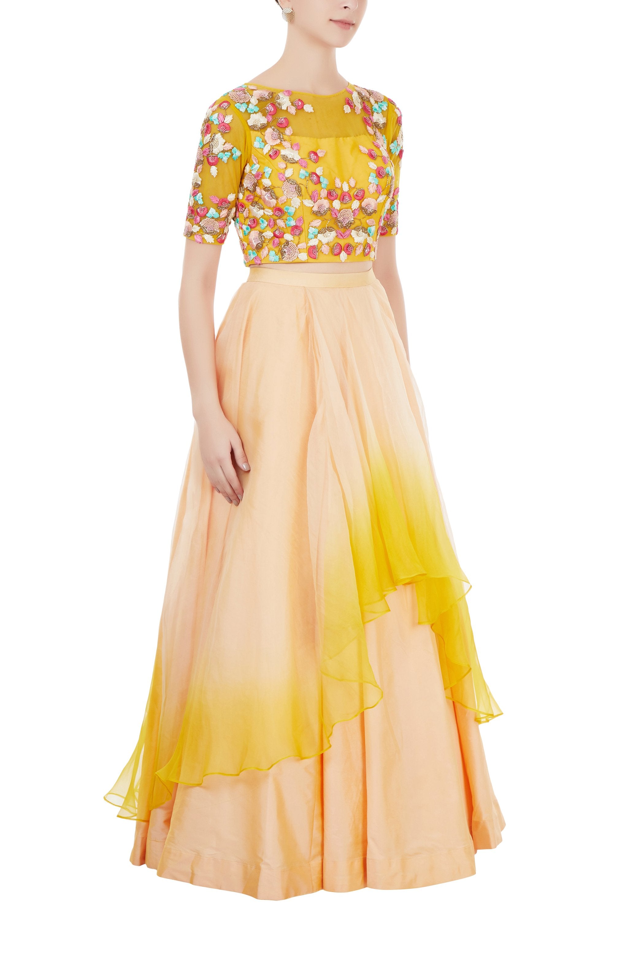 Peach And Yellow Embroidered Crop Top And Skirt