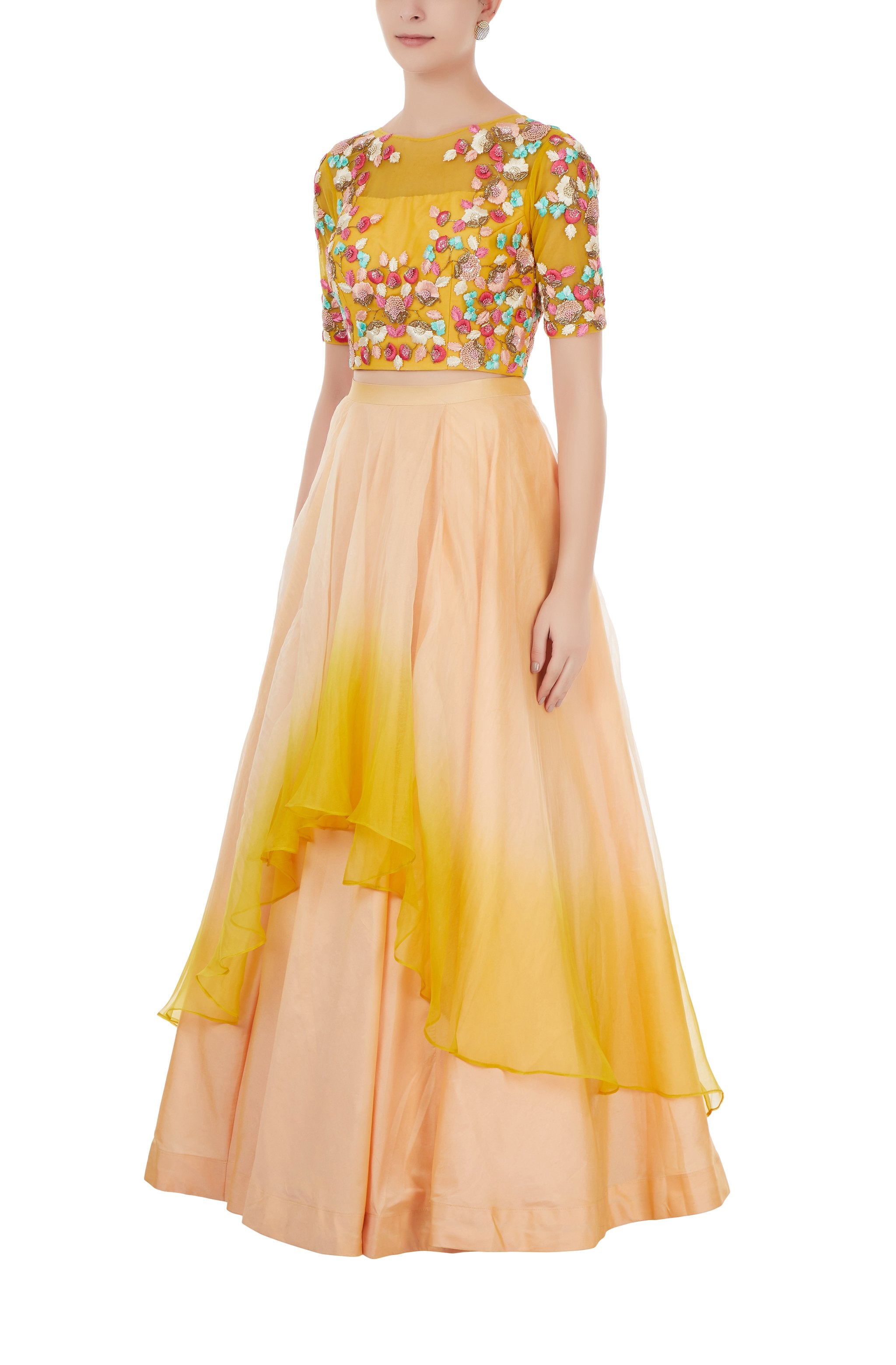 Peach And Yellow Embroidered Crop Top And Skirt