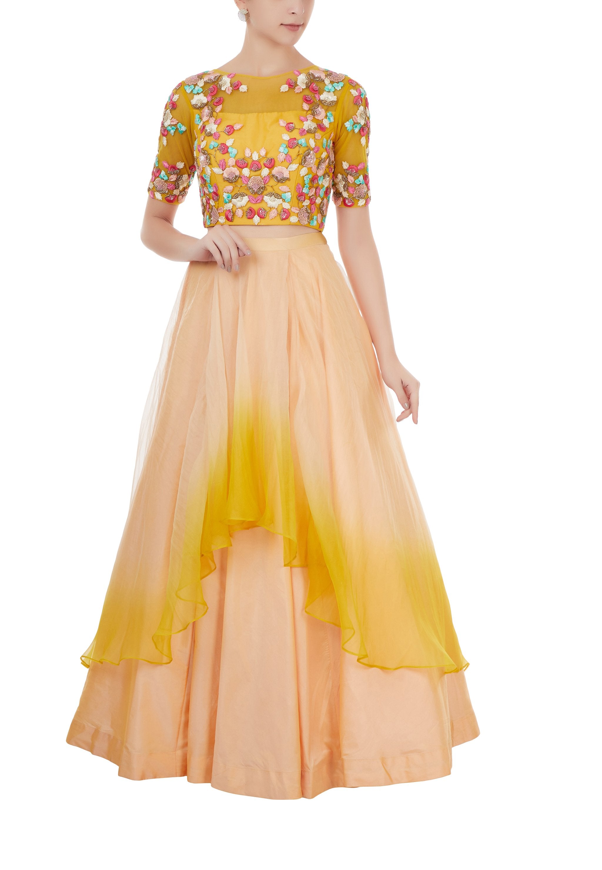 Peach and Yellow Embroidered Crop Top and Skirt