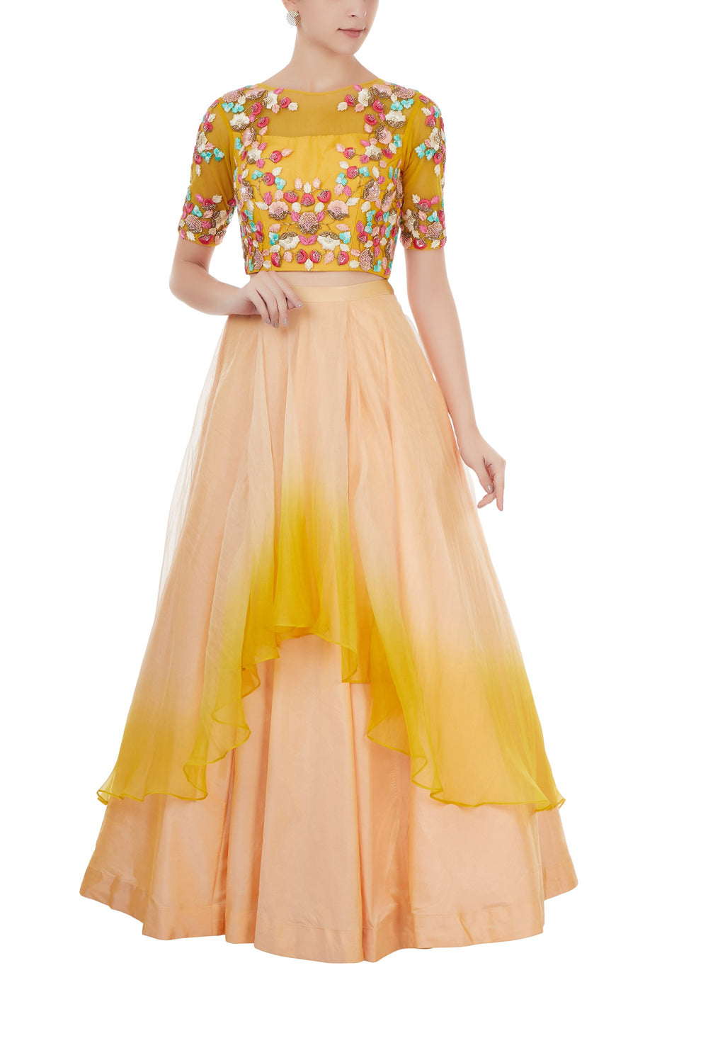 Peach And Yellow Embroidered Crop Top And Skirt