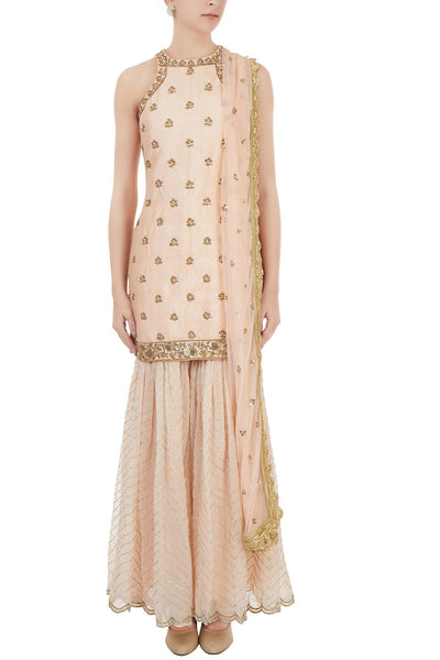 Peach Embroidered Sharara Set
