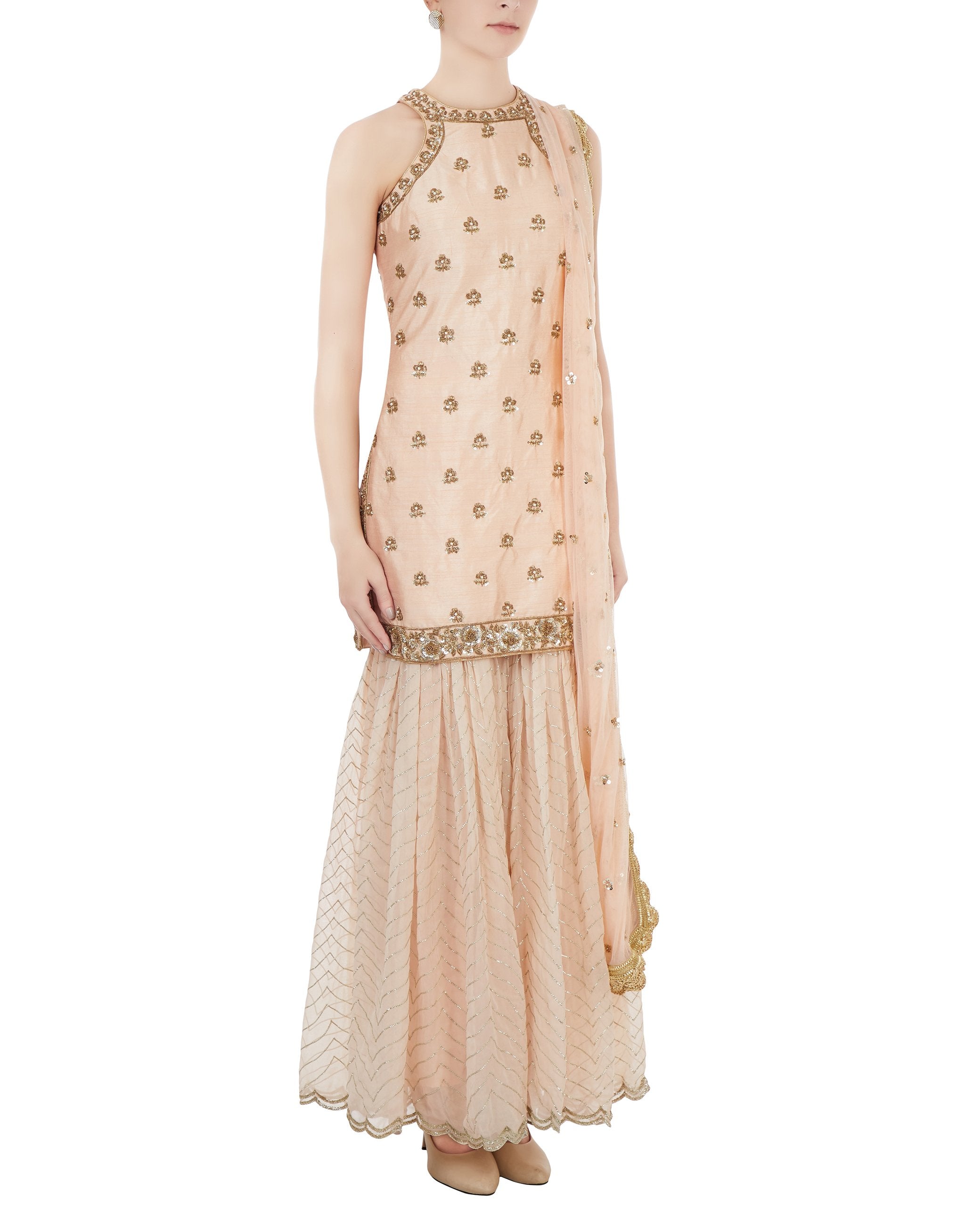 Peach Embroidered Sharara Set