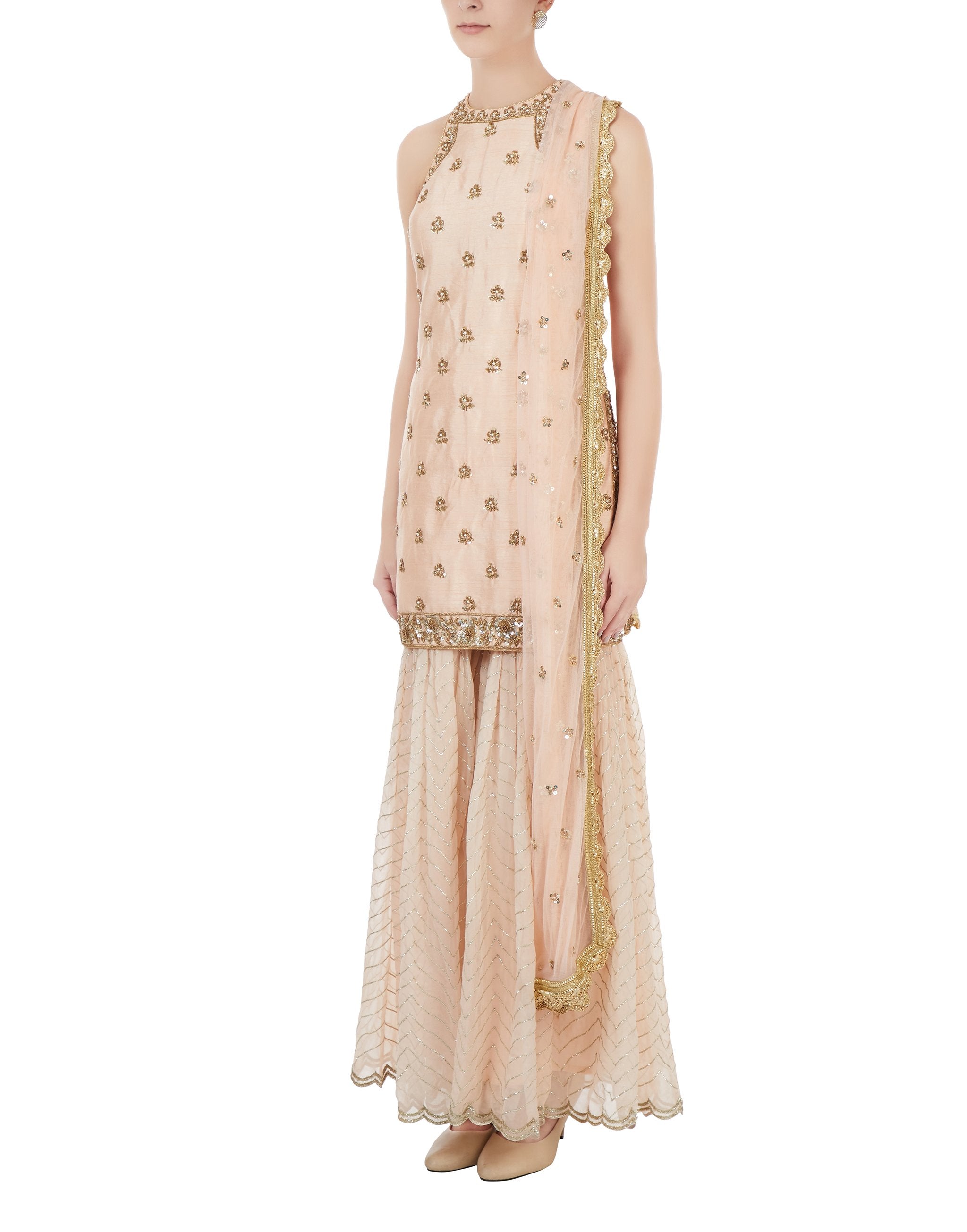 Peach Embroidered Sharara Set