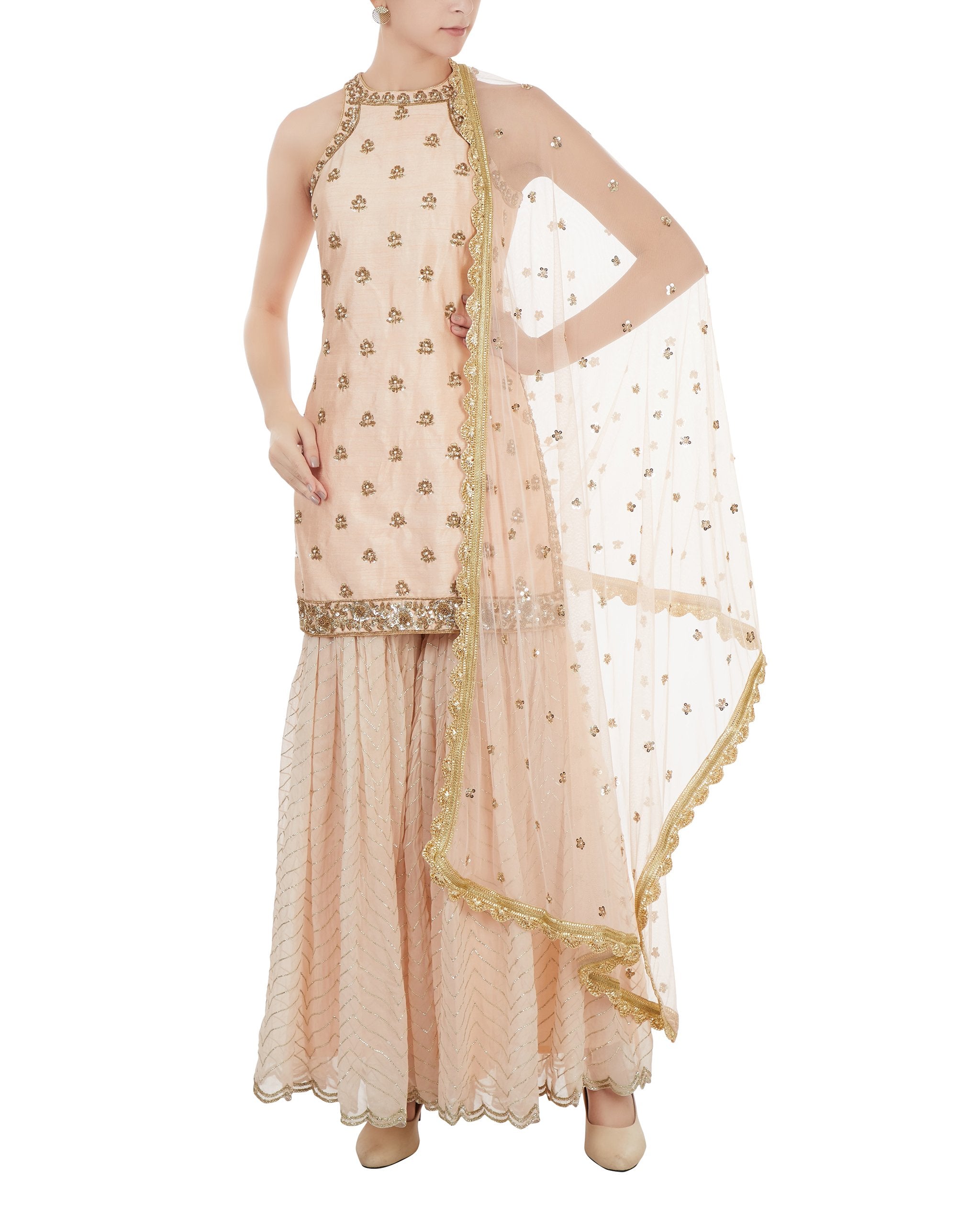 Peach Embroidered Sharara Set