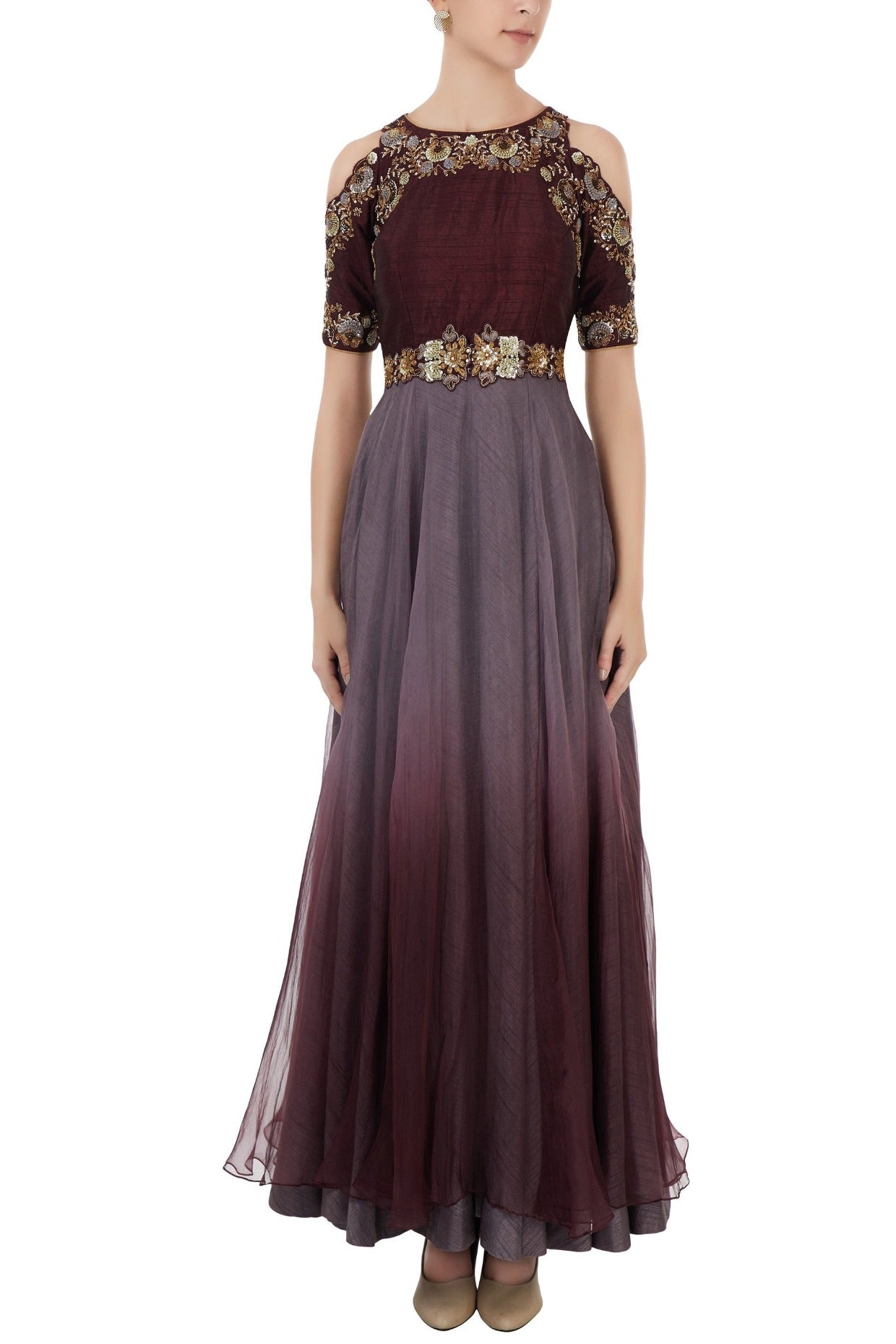 Grey Maroon Embroidered Gown