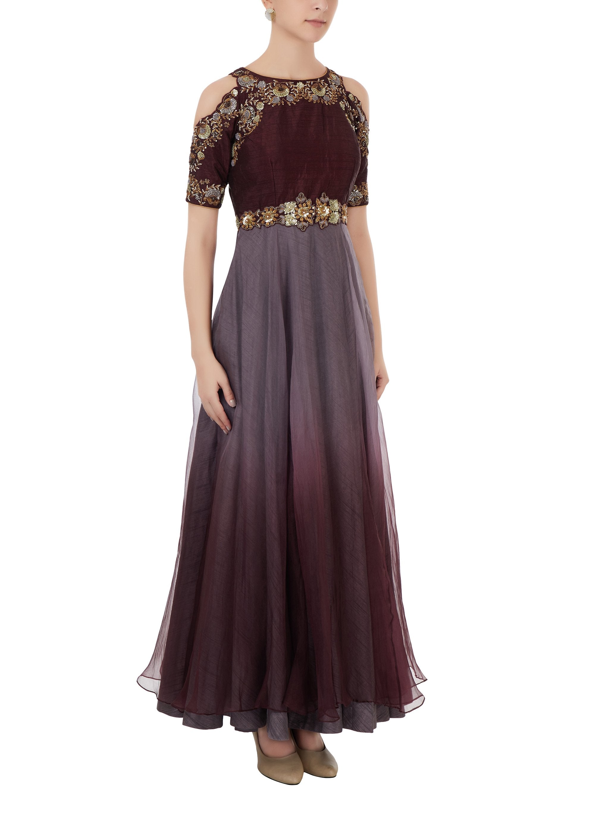 Grey Maroon Embroidered Gown