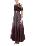 Grey Maroon Embroidered Gown