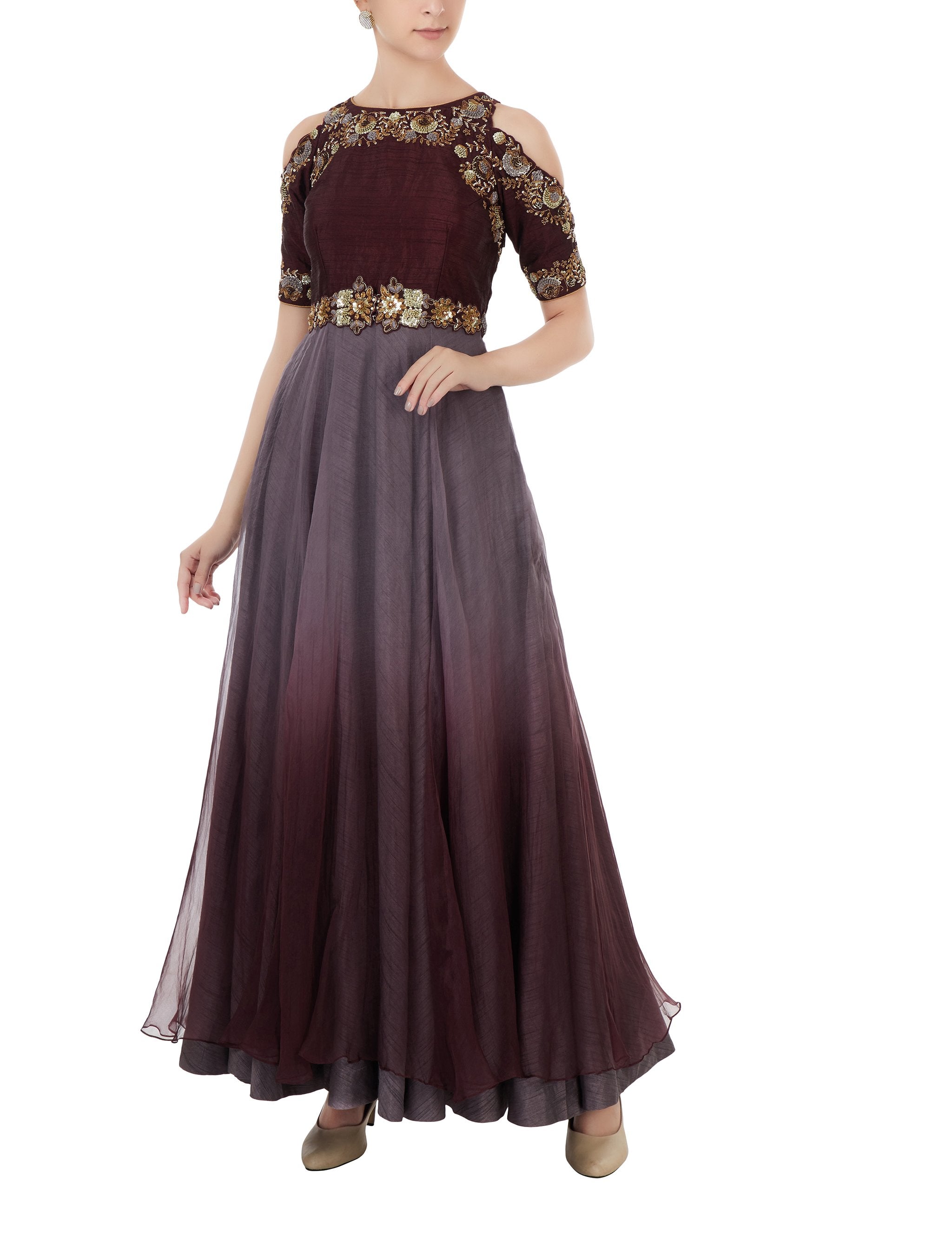 Grey Maroon Embroidered Gown