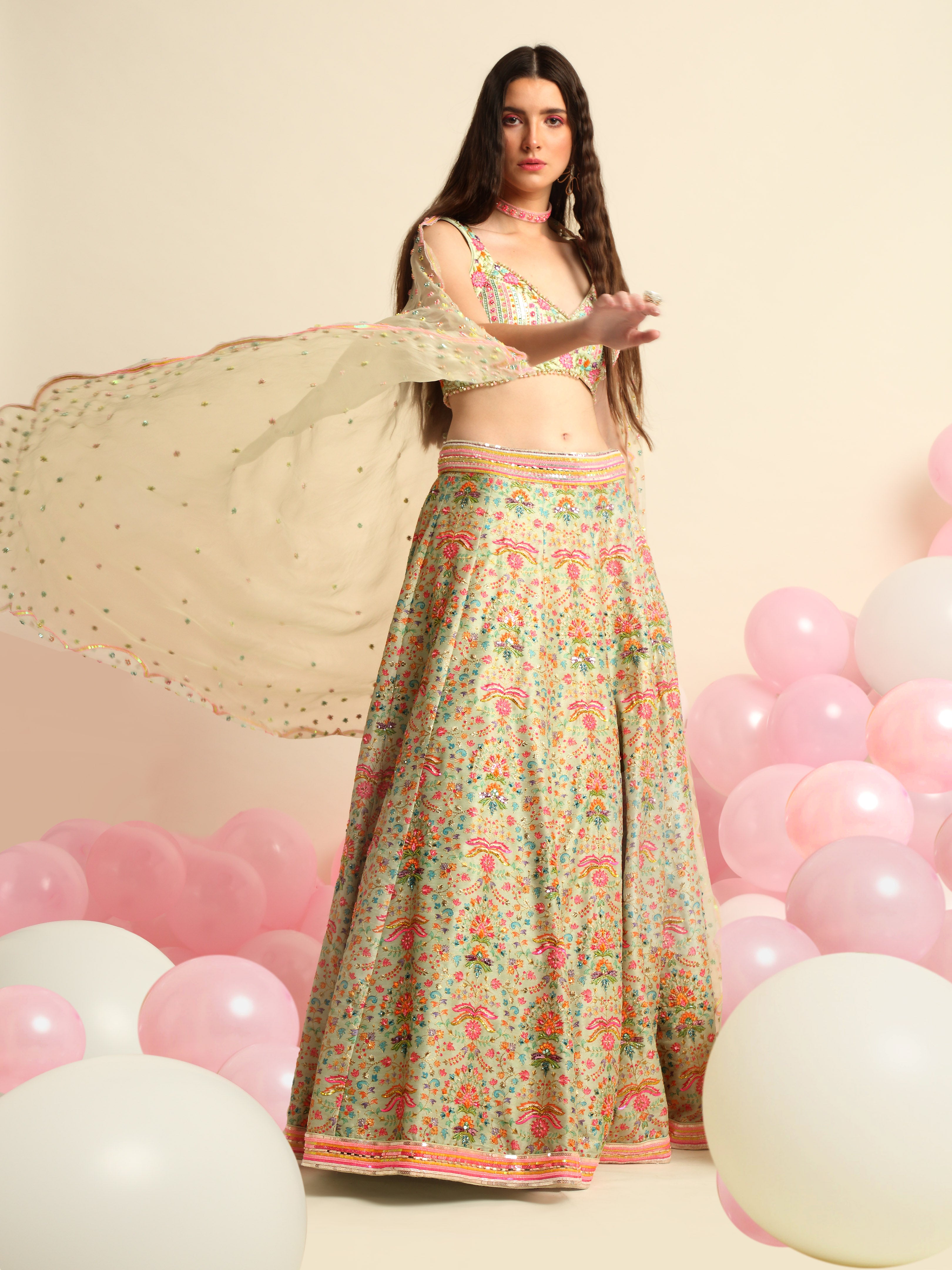 Mint Green Printed & Embroidered Lehenga Set