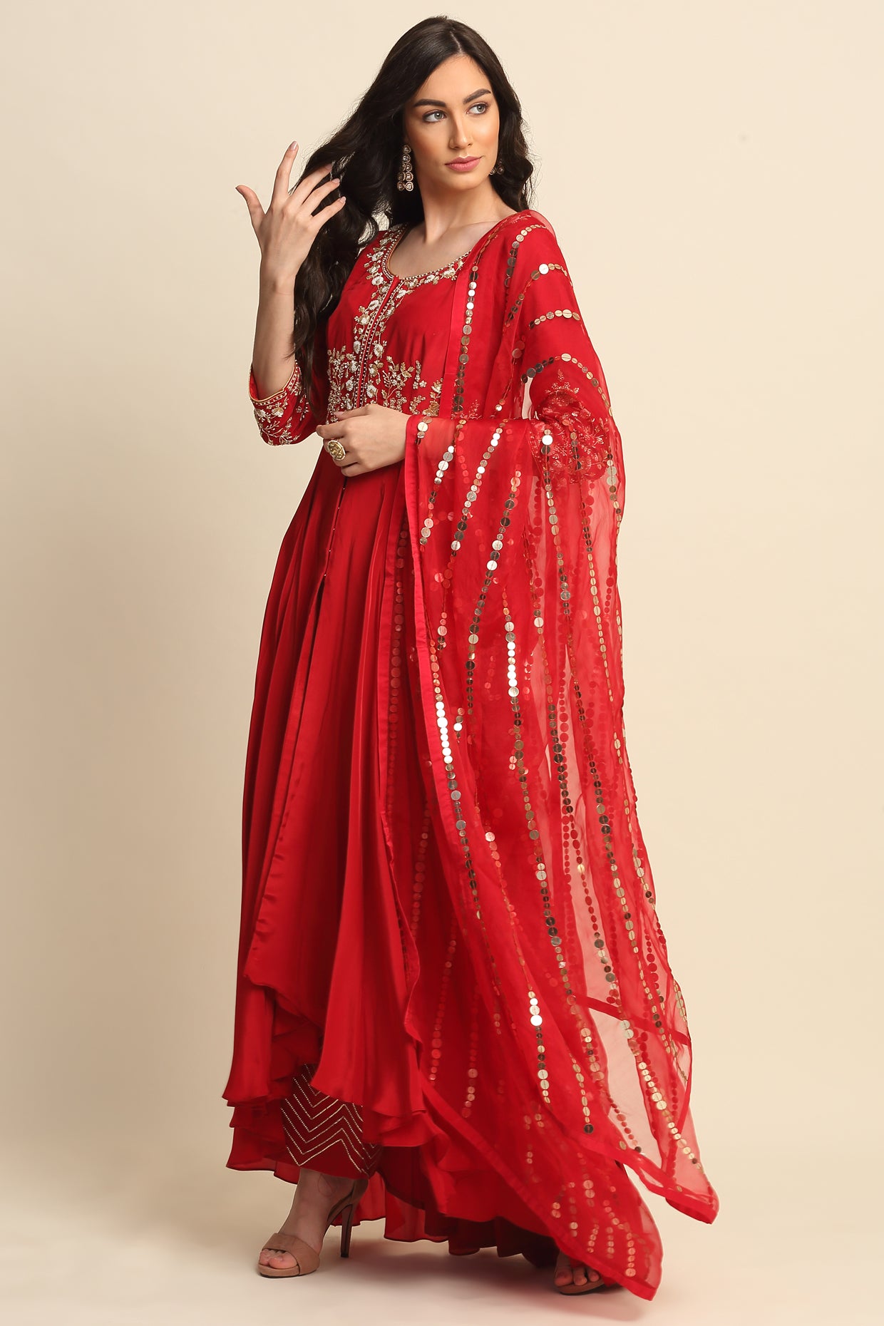 Red Silk Crepe Kurta Set