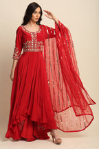 Red Silk Crepe Kurta Set