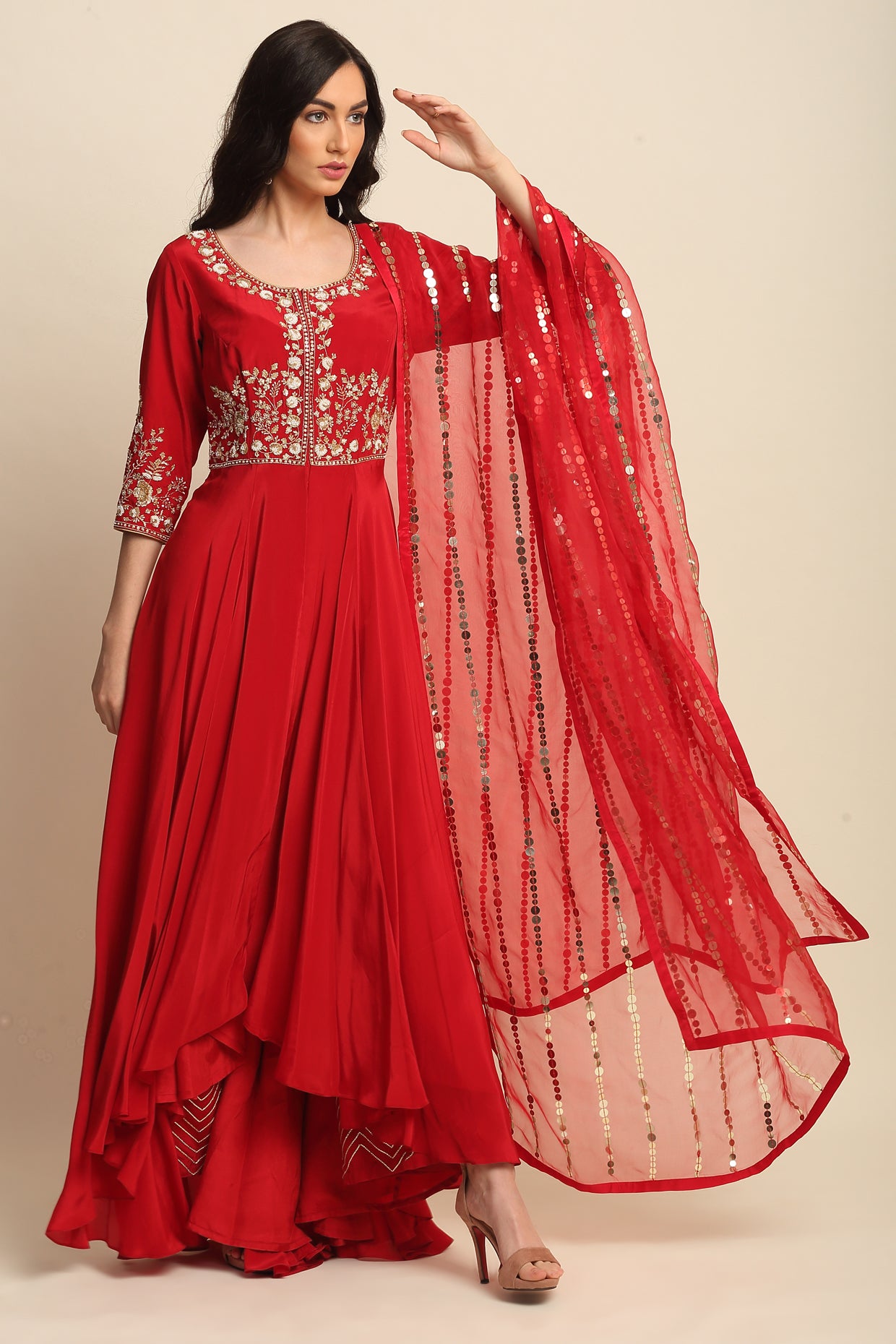Red Silk Crepe Kurta Set