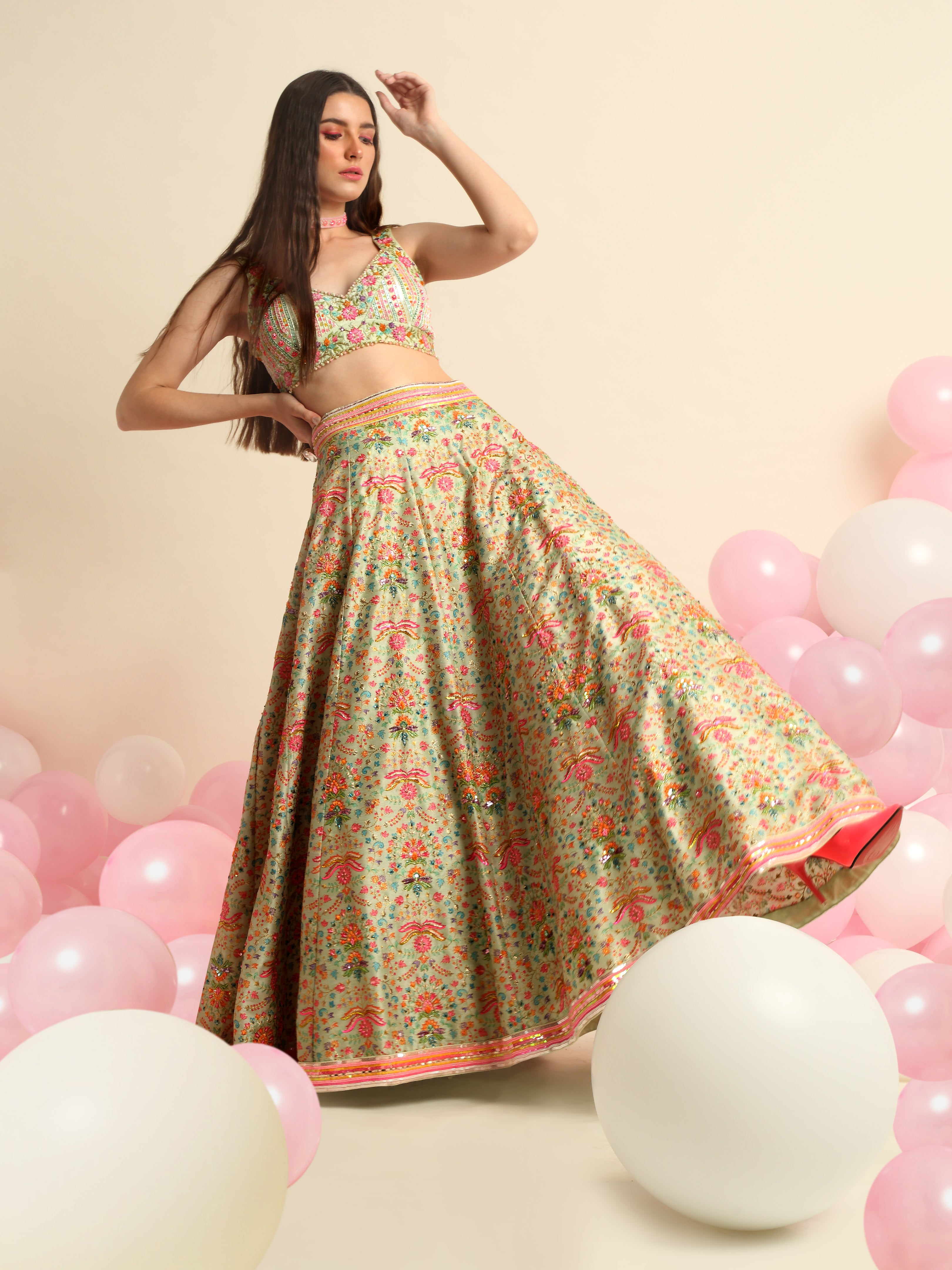 Mint Green Printed & Embroidered Lehenga Set