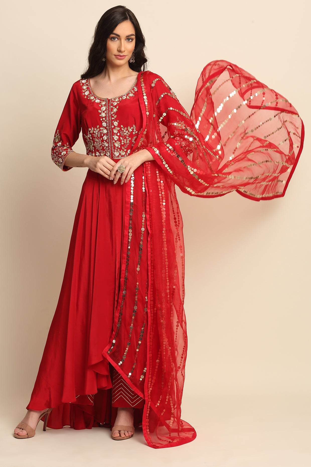 Red Silk Crepe Kurta Set