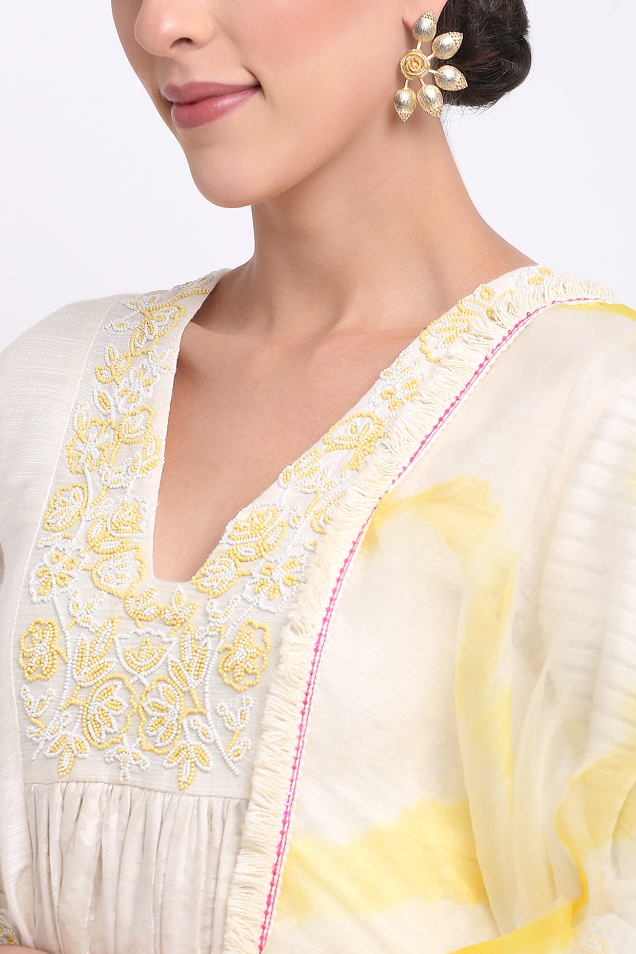 Ivory And Yellow Chanderi Suit Set